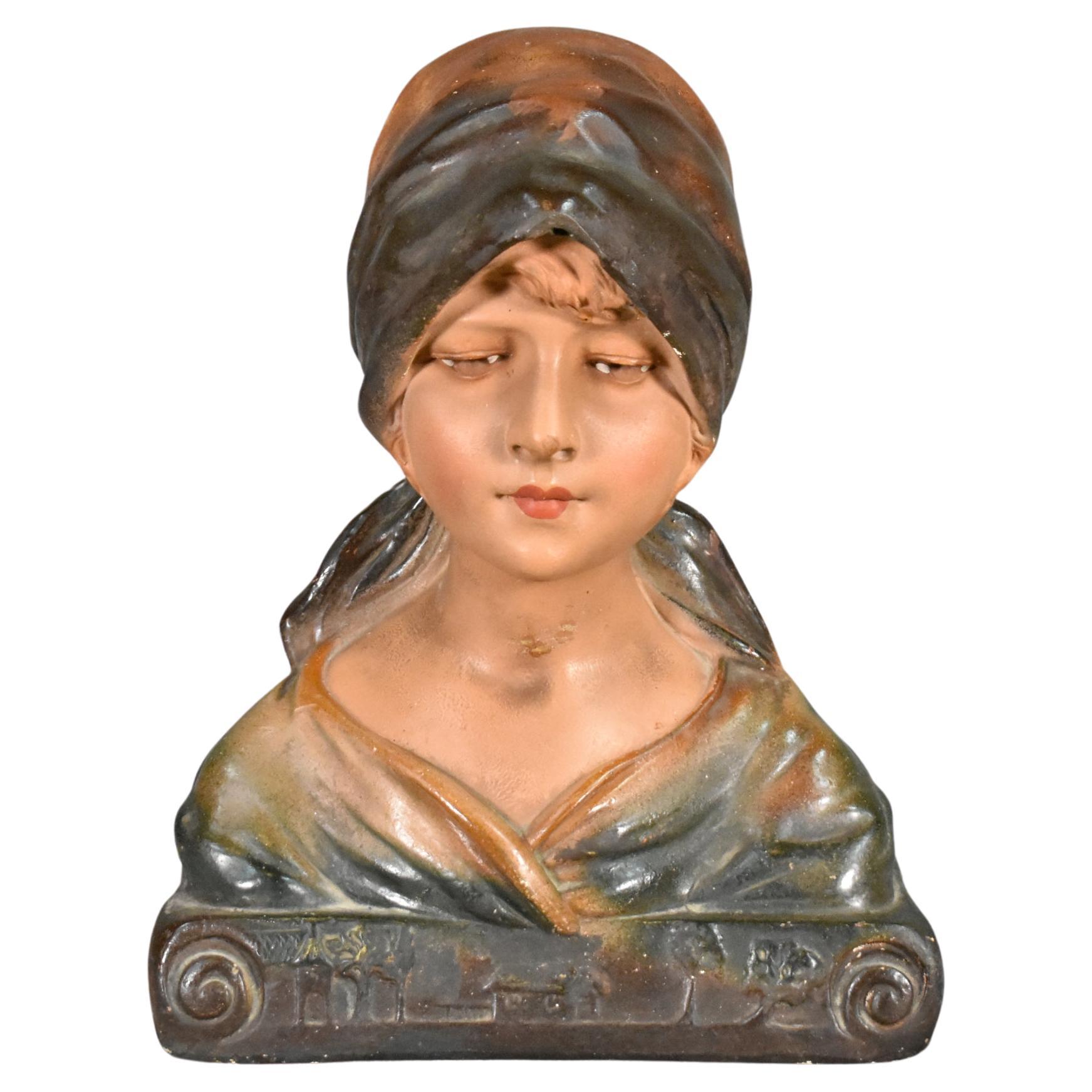 French Antique Bust of a Young Girl in Plaster For Sale