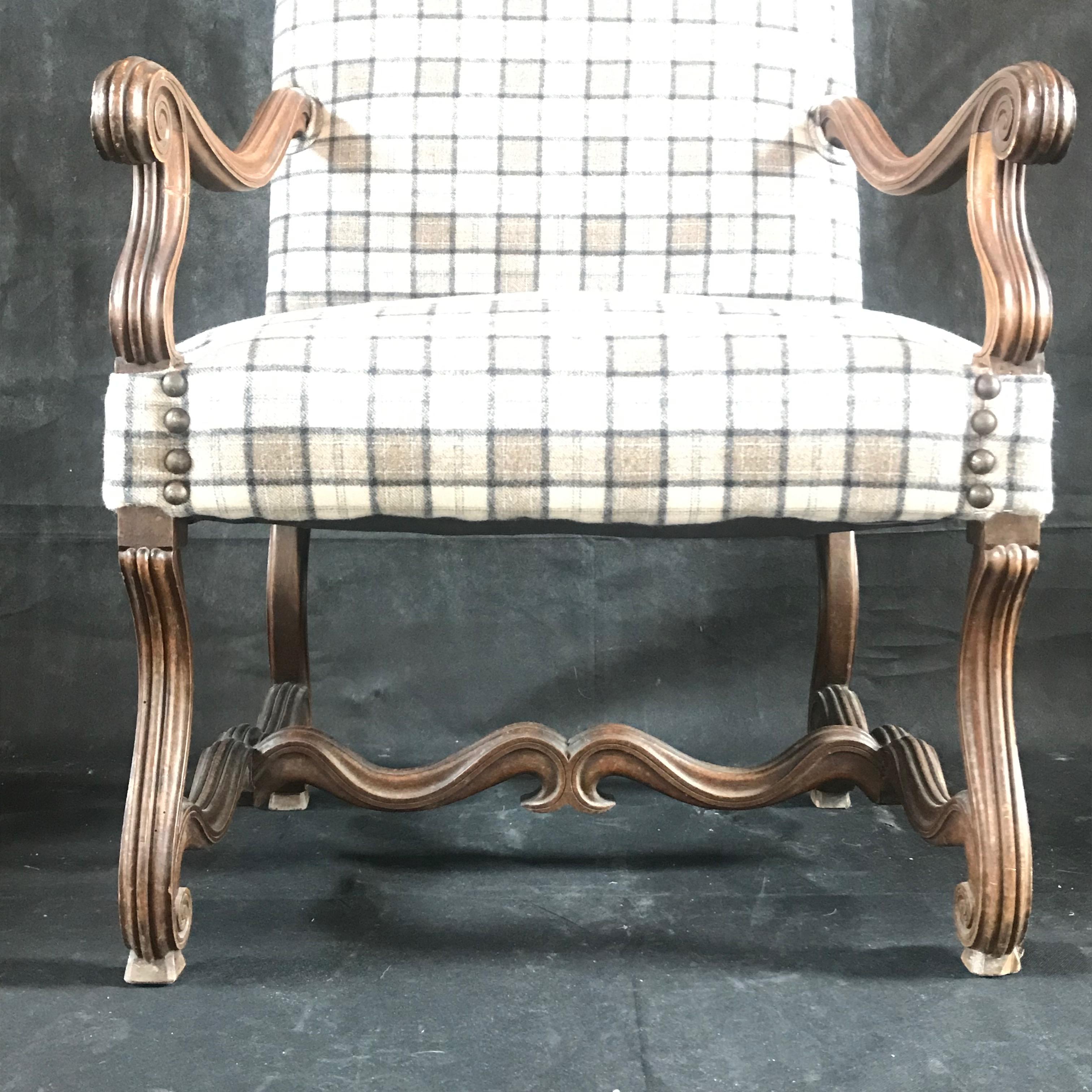 Louis XV French Antique Carved Walnut Chair with Beautiful New Tartan Upholstery