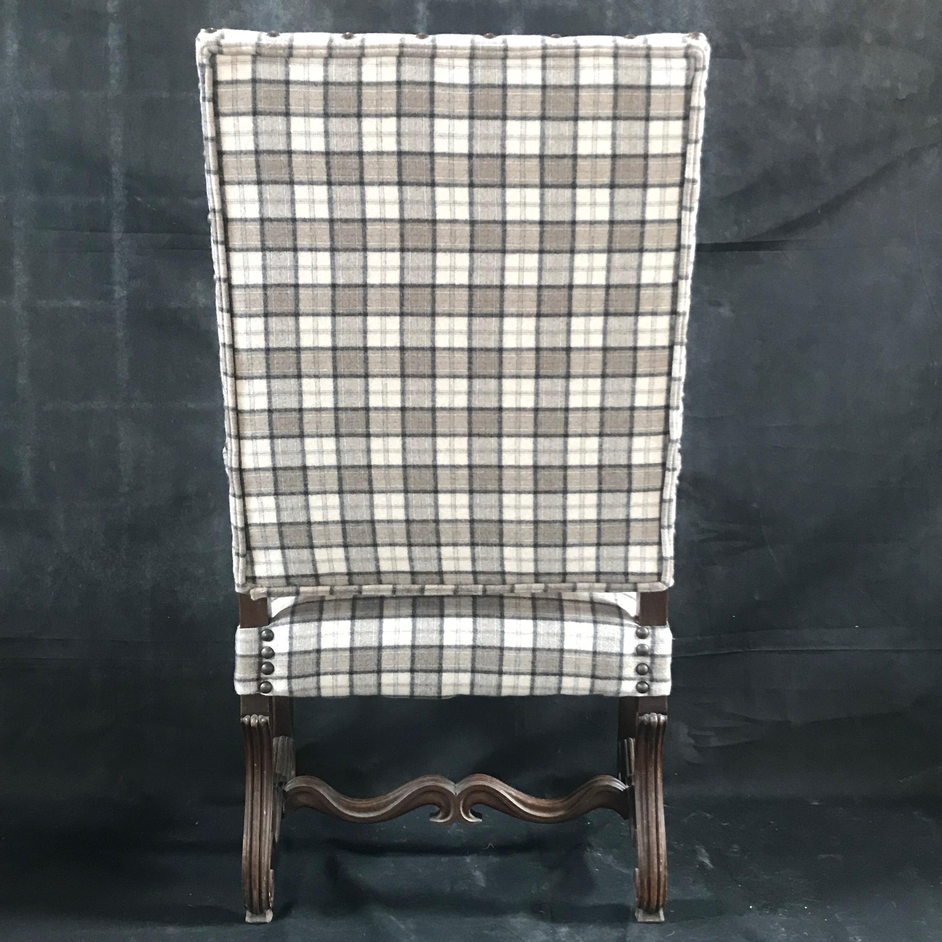 French Antique Carved Walnut Chair with Beautiful New Tartan Upholstery In Good Condition In Hopewell, NJ