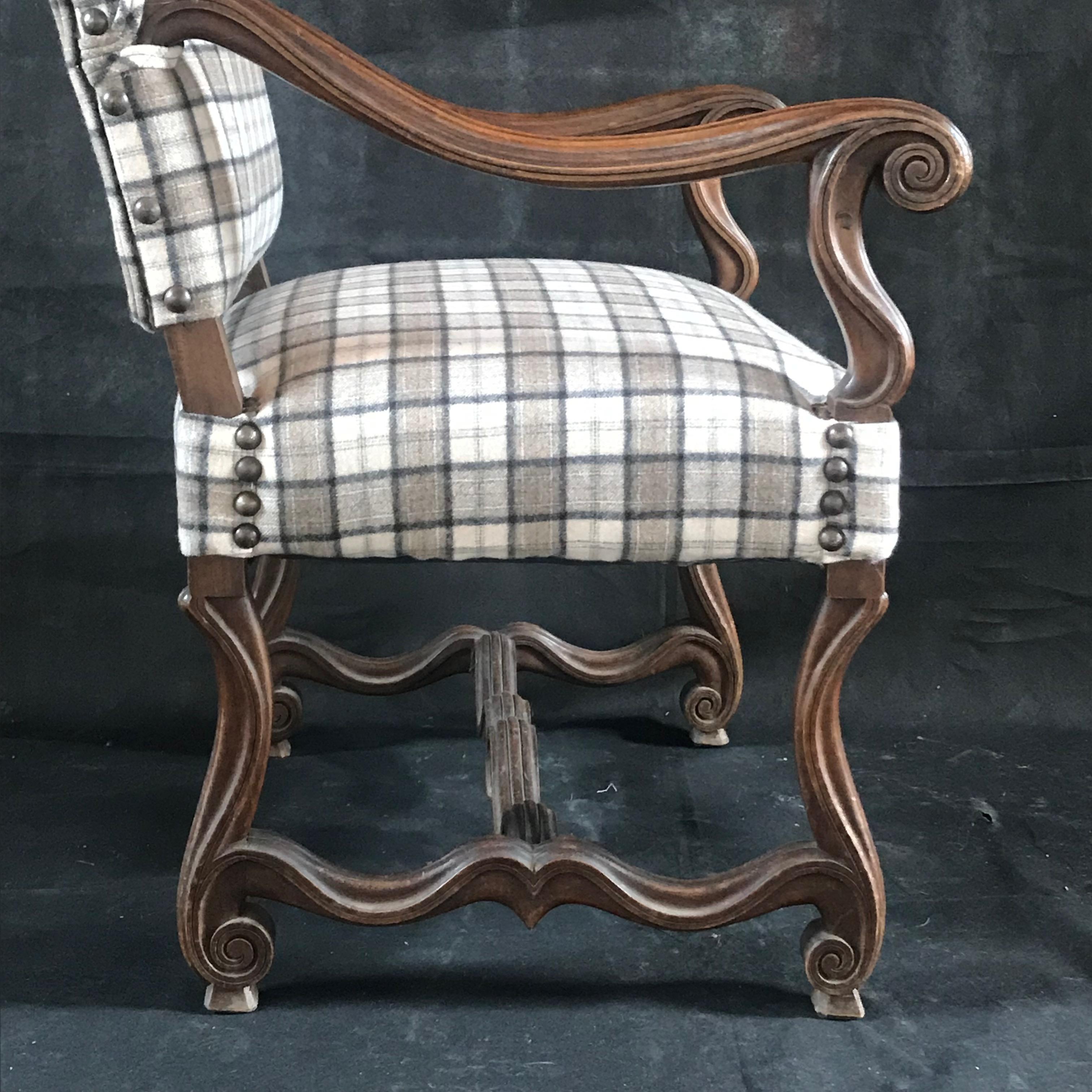 19th Century French Antique Carved Walnut Chair with Beautiful New Tartan Upholstery