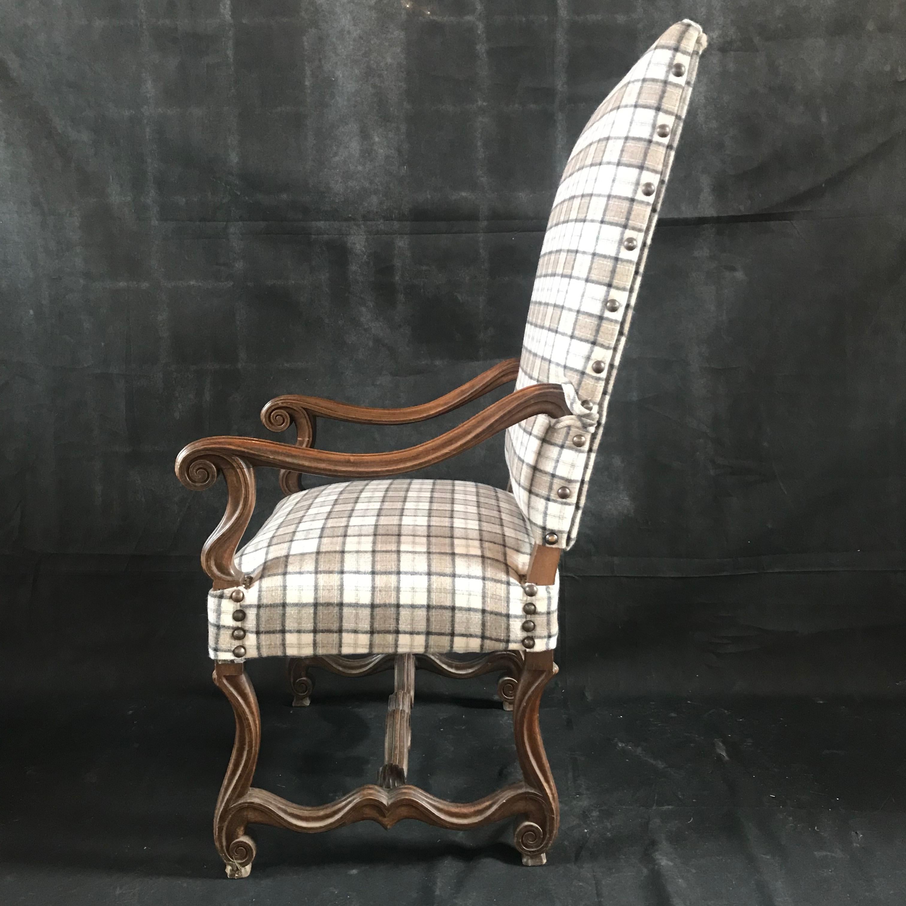 French Antique Carved Walnut Chair with Beautiful New Tartan Upholstery 1