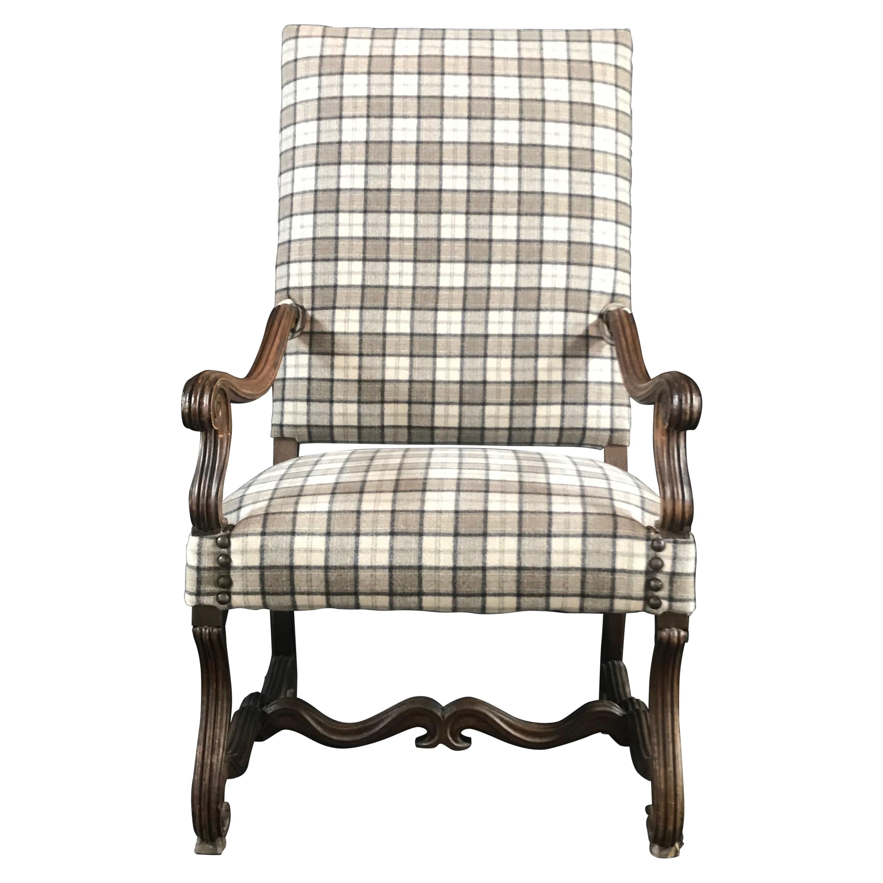 French Antique Carved Walnut Chair with Beautiful New Tartan Upholstery