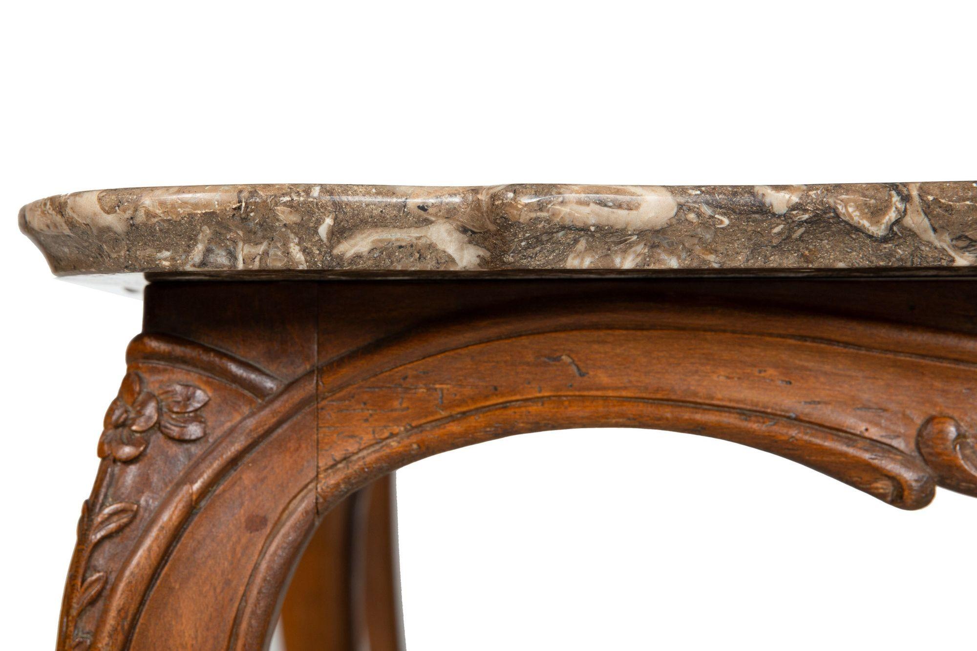 French Antique Carved Walnut Marble Top Low Coffee Cocktail Table For Sale 5