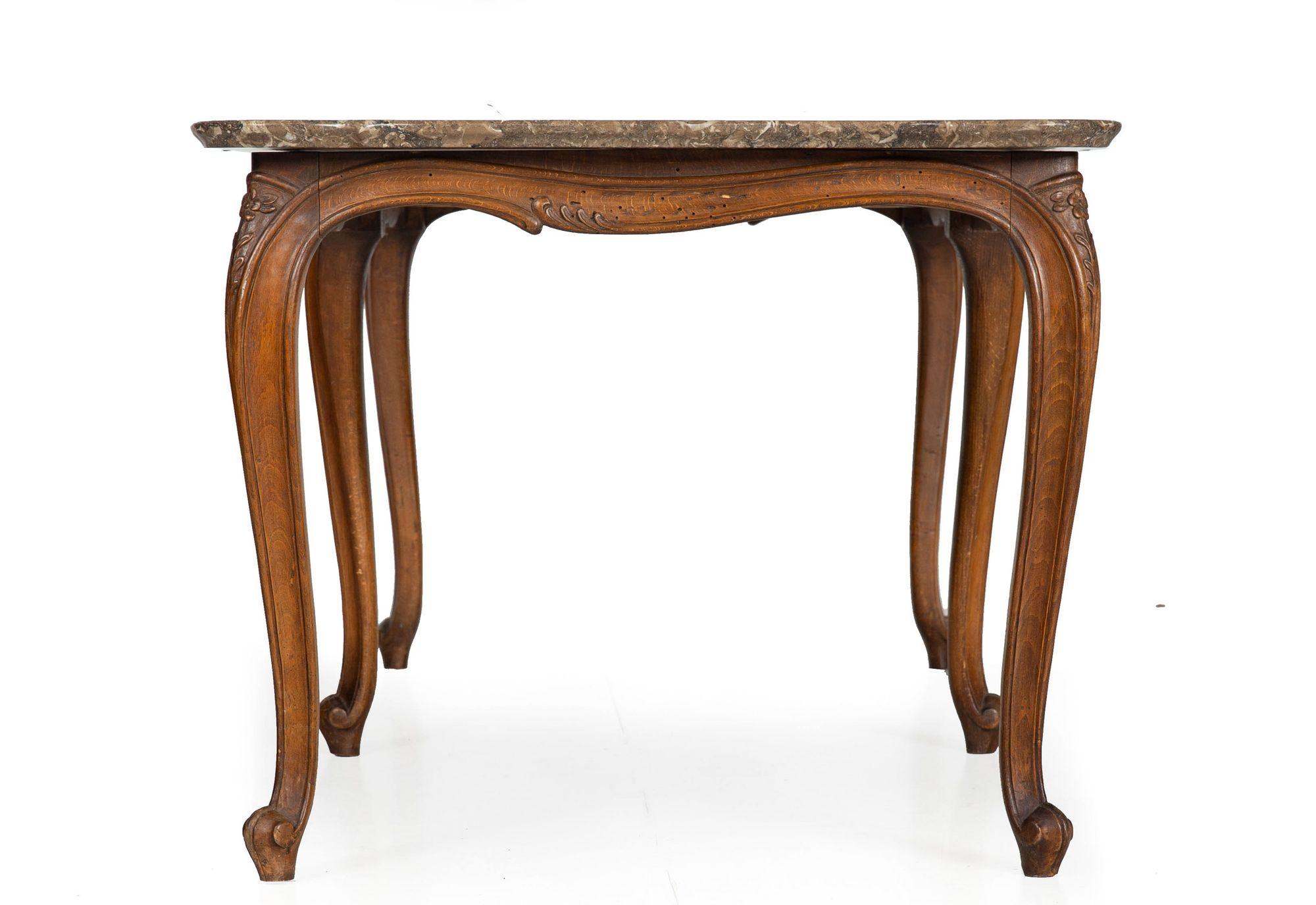 Rococo Revival French Antique Carved Walnut Marble Top Low Coffee Cocktail Table For Sale