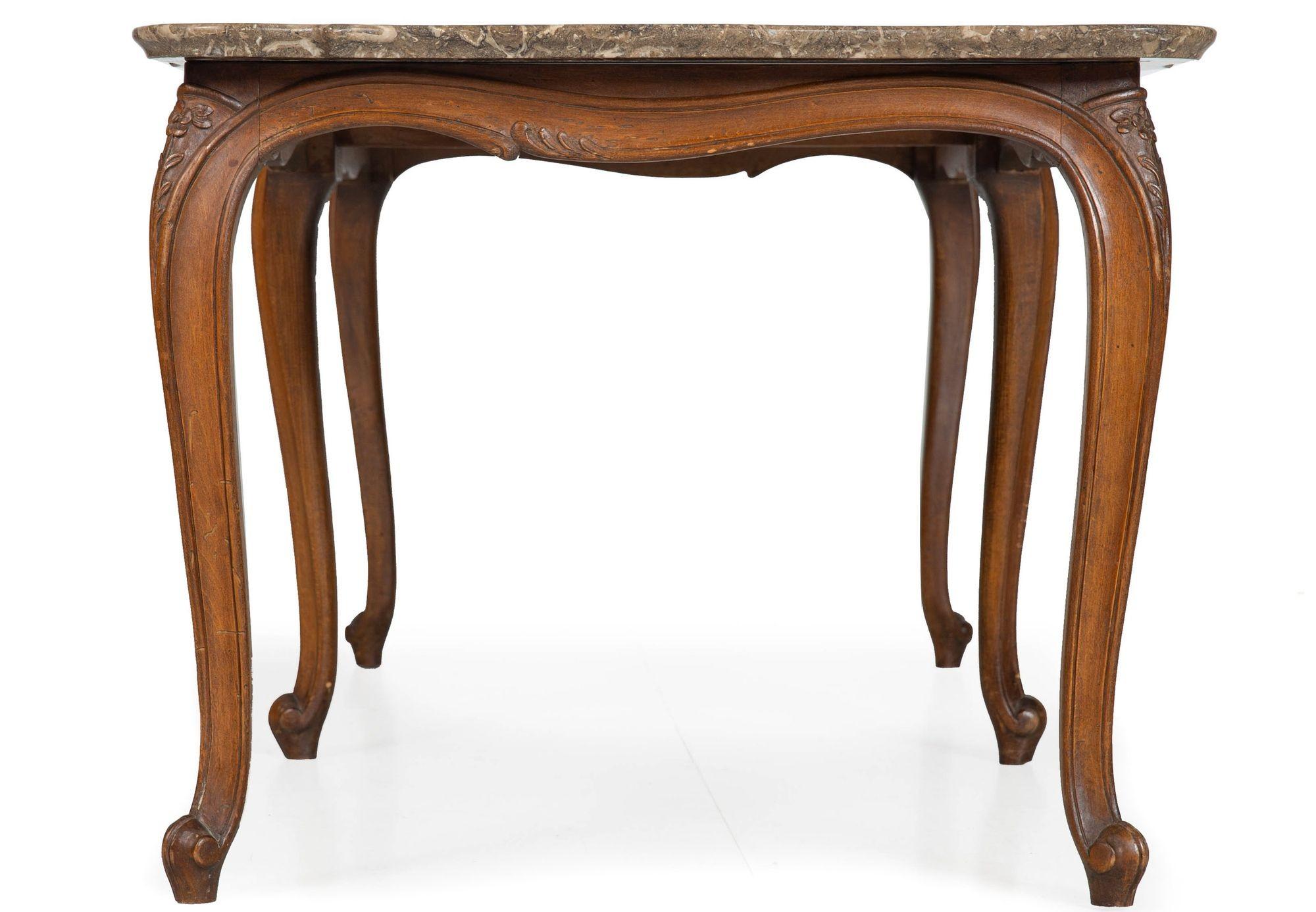 20th Century French Antique Carved Walnut Marble Top Low Coffee Cocktail Table For Sale
