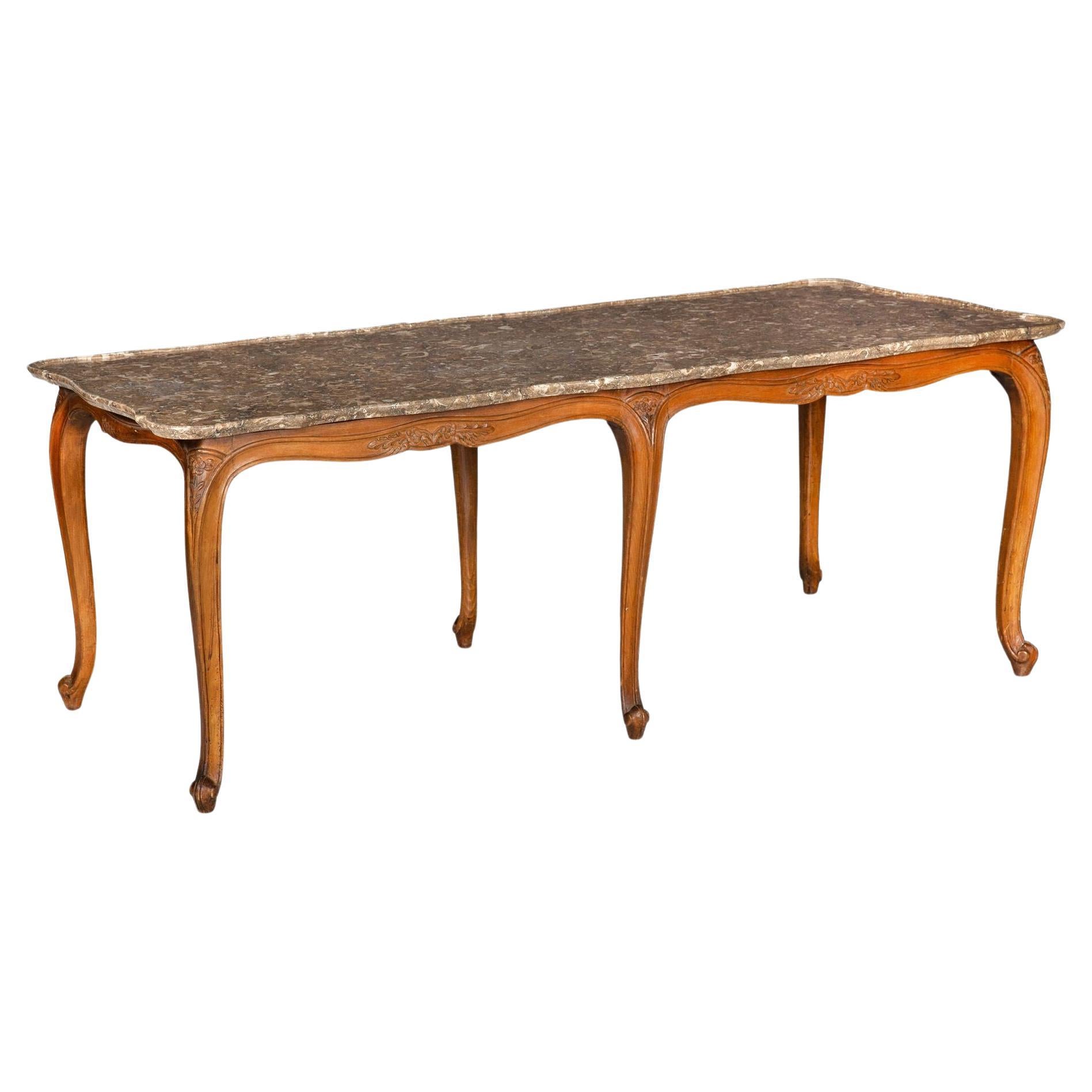 French Antique Carved Walnut Marble Top Low Coffee Cocktail Table For Sale