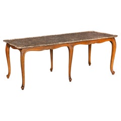 French Vintage Carved Walnut Marble Top Low Coffee Cocktail Table
