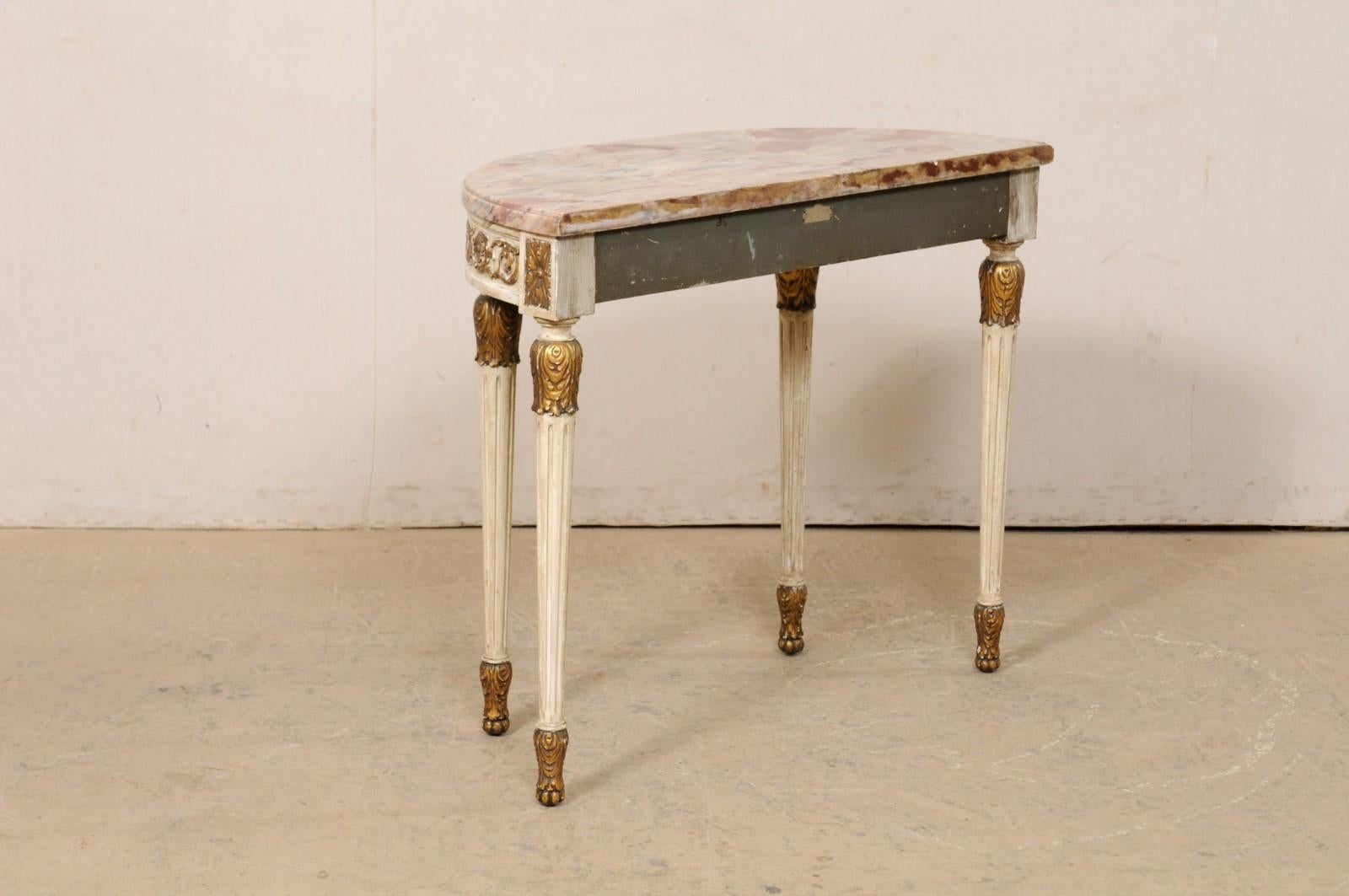 French Antique Carved Wood Demi Console Table W/Beautifully Colored Marble Top For Sale 6