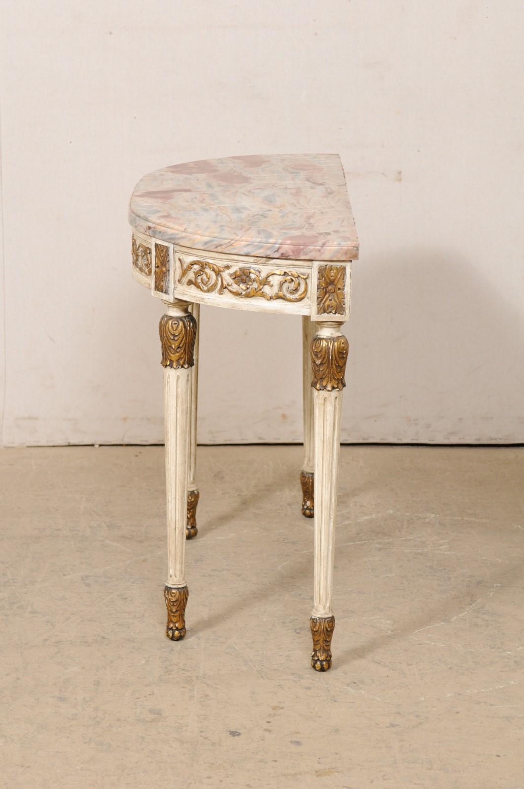 French Antique Carved Wood Demi Console Table W/Beautifully Colored Marble Top For Sale 7