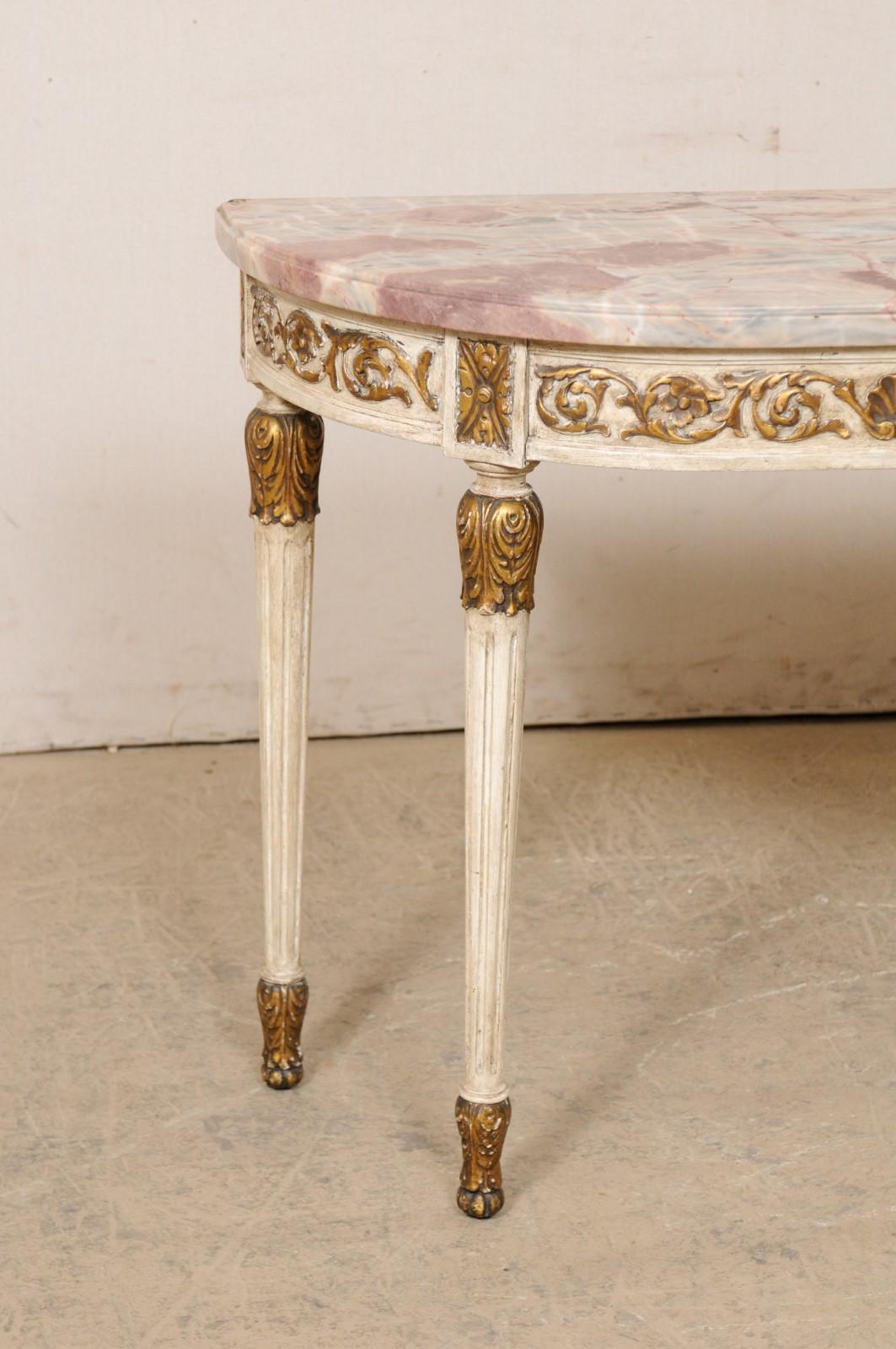 French Antique Carved Wood Demi Console Table W/Beautifully Colored Marble Top For Sale 8