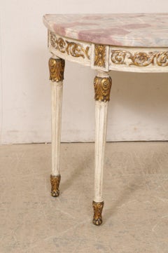 French Antique Carved Wood Demi Console Table W/Beautifully Colored Marble Top