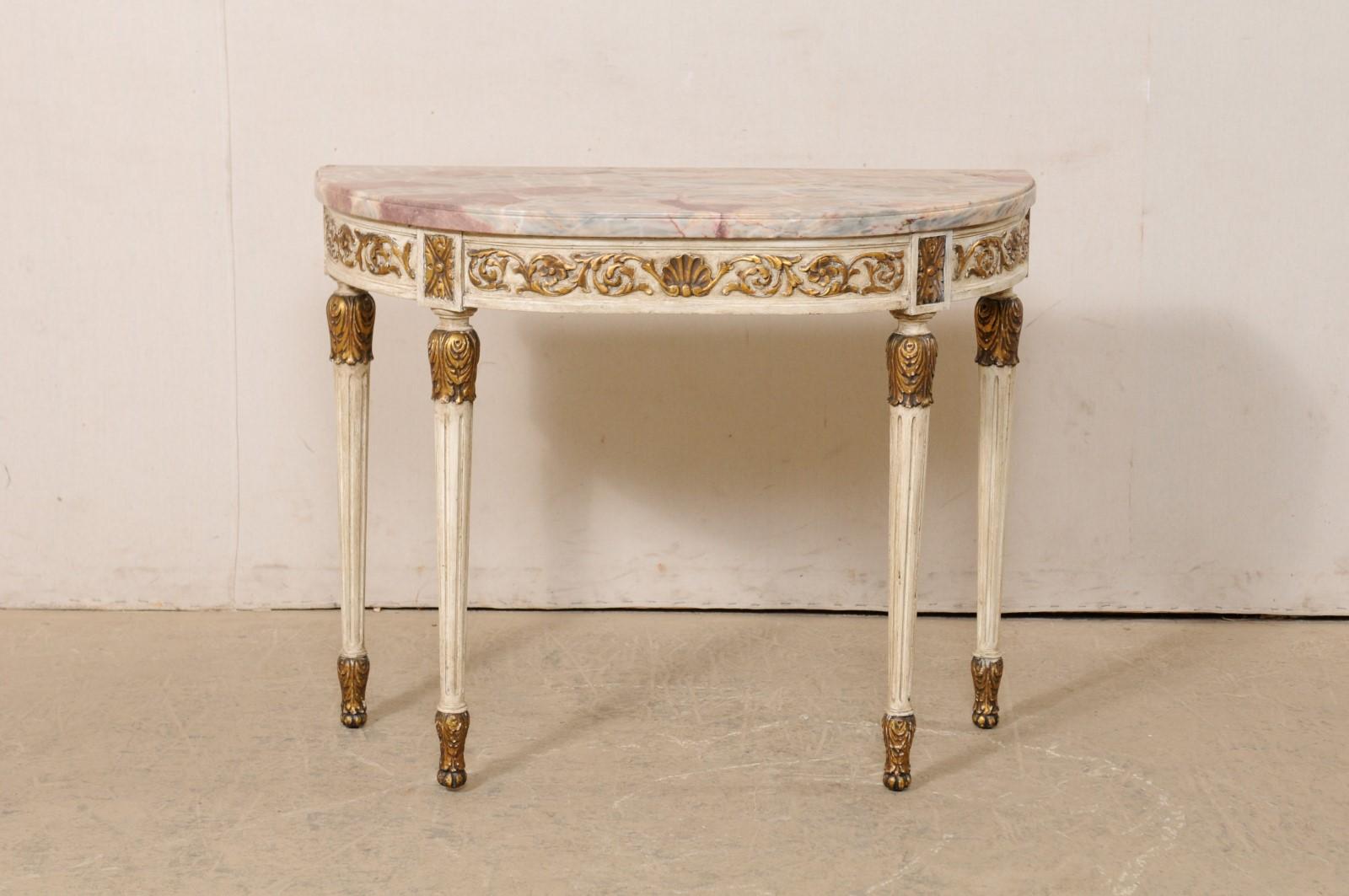 French Antique Carved Wood Demi Console Table W/Beautifully Colored Marble Top In Good Condition For Sale In Atlanta, GA