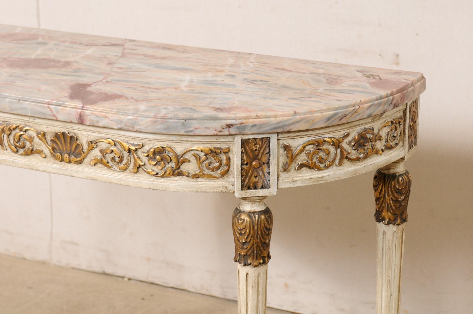 20th Century French Antique Carved Wood Demi Console Table W/Beautifully Colored Marble Top For Sale