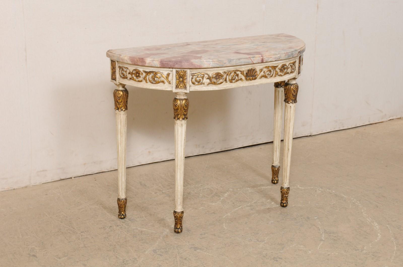 French Antique Carved Wood Demi Console Table W/Beautifully Colored Marble Top For Sale 2