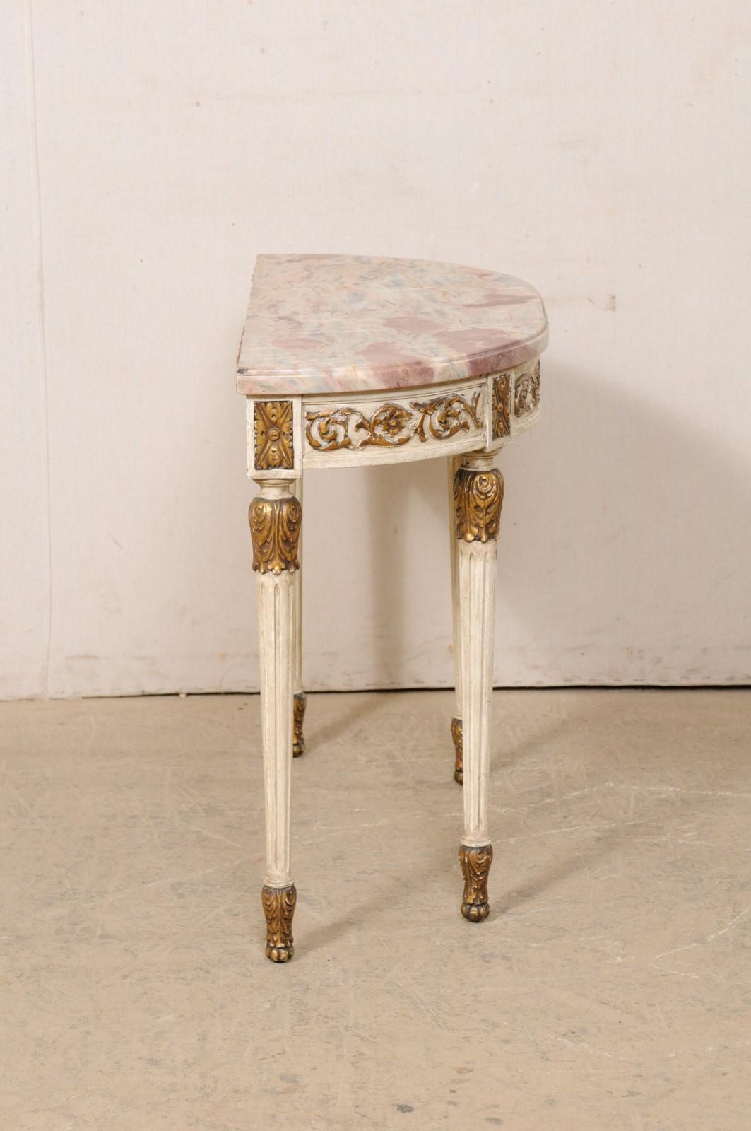 French Antique Carved Wood Demi Console Table W/Beautifully Colored Marble Top For Sale 3