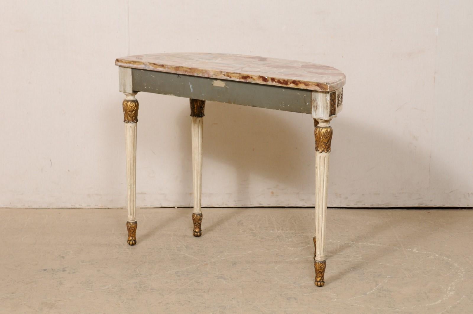 French Antique Carved Wood Demi Console Table W/Beautifully Colored Marble Top For Sale 4