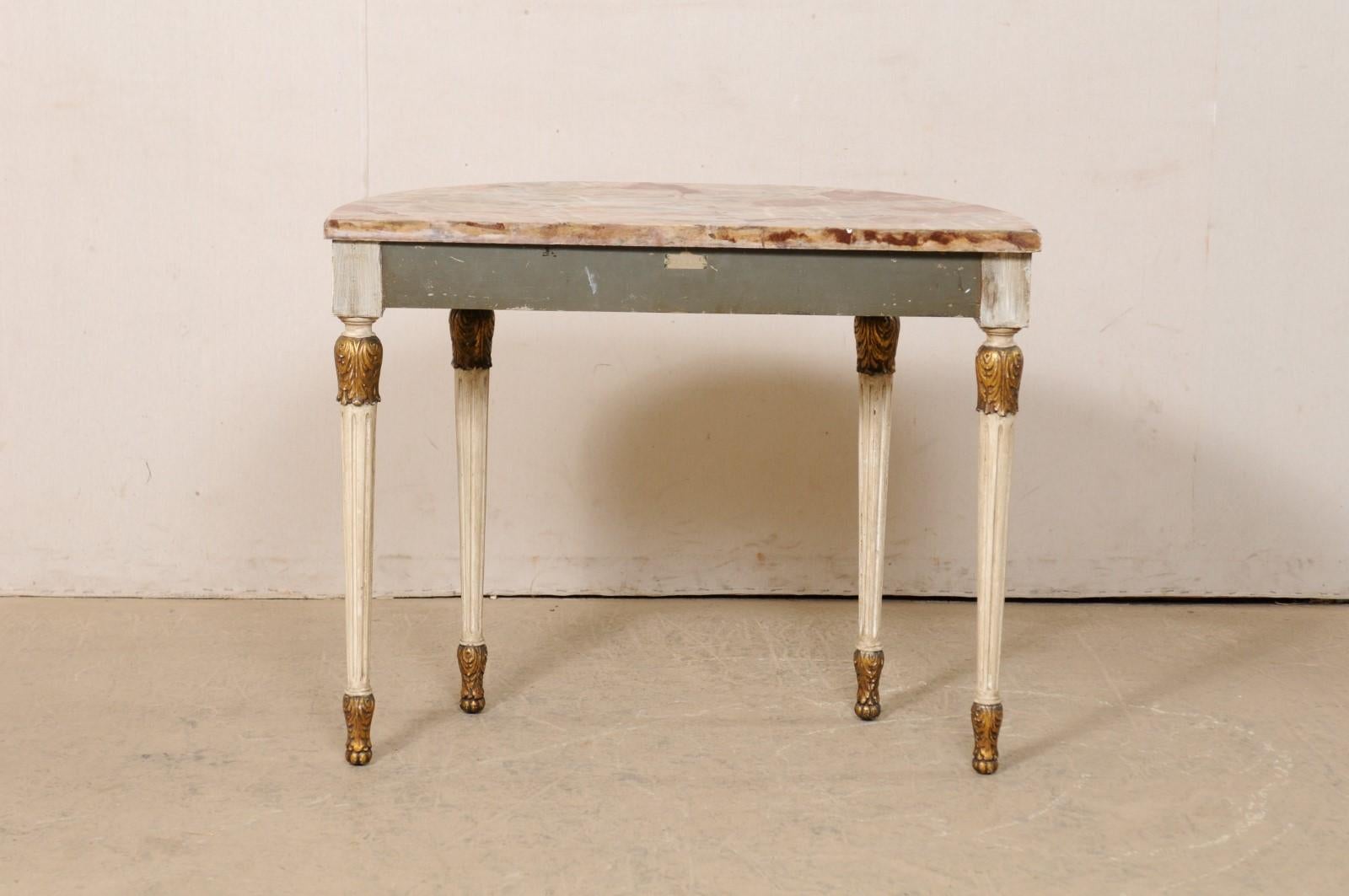 French Antique Carved Wood Demi Console Table W/Beautifully Colored Marble Top For Sale 5