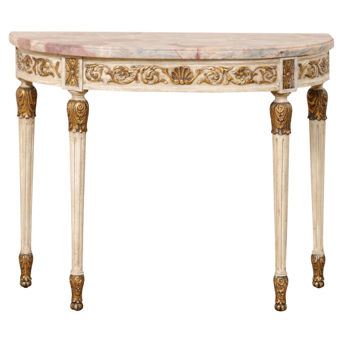 French Antique Carved Wood Demi Console Table W/Beautifully Colored Marble Top For Sale