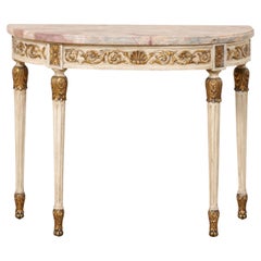 French Antique Carved Wood Demi Console Table W/Beautifully Colored Marble Top