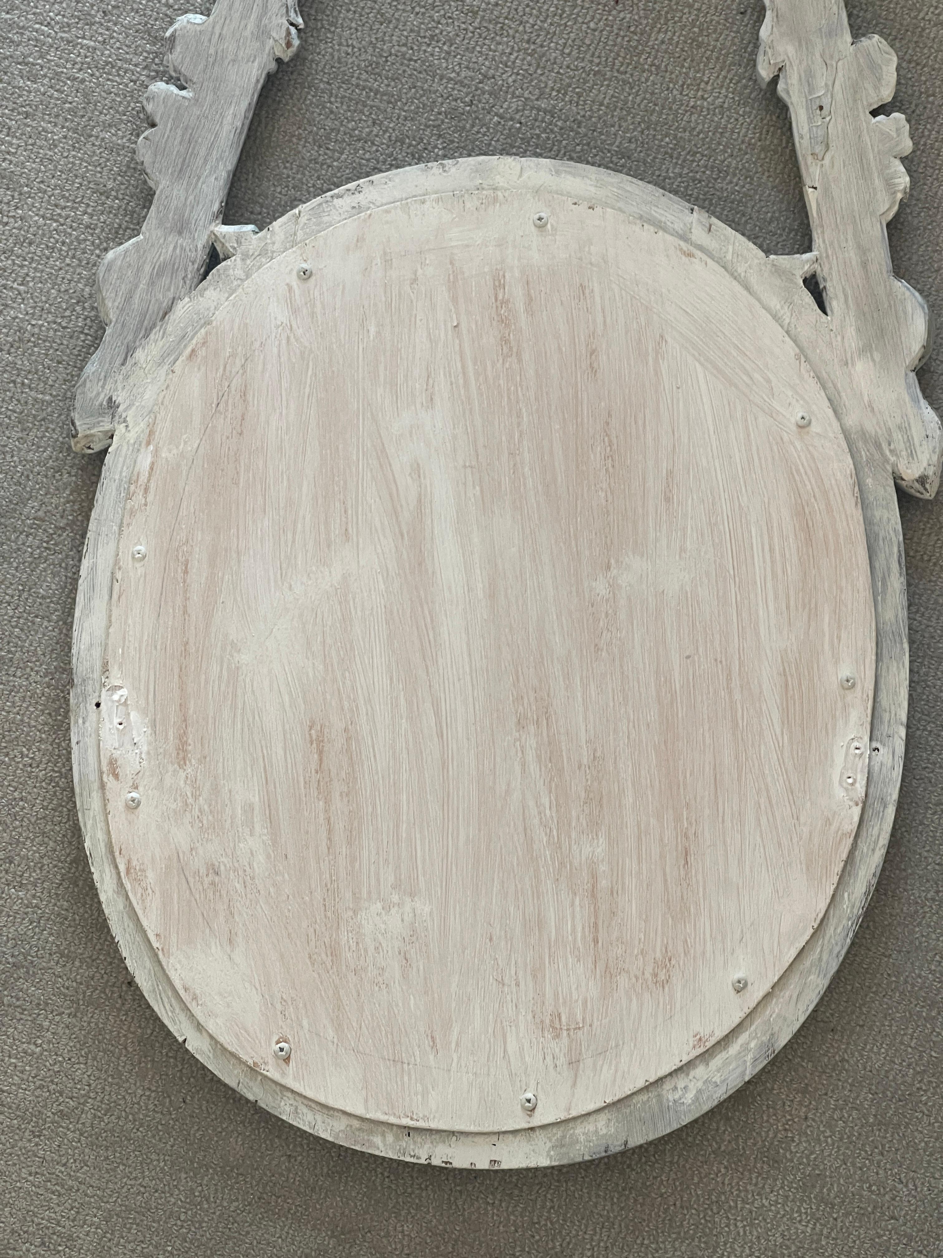 French Antique Carved Wood  Hanging Oval Mirror With French Bow For Sale 11