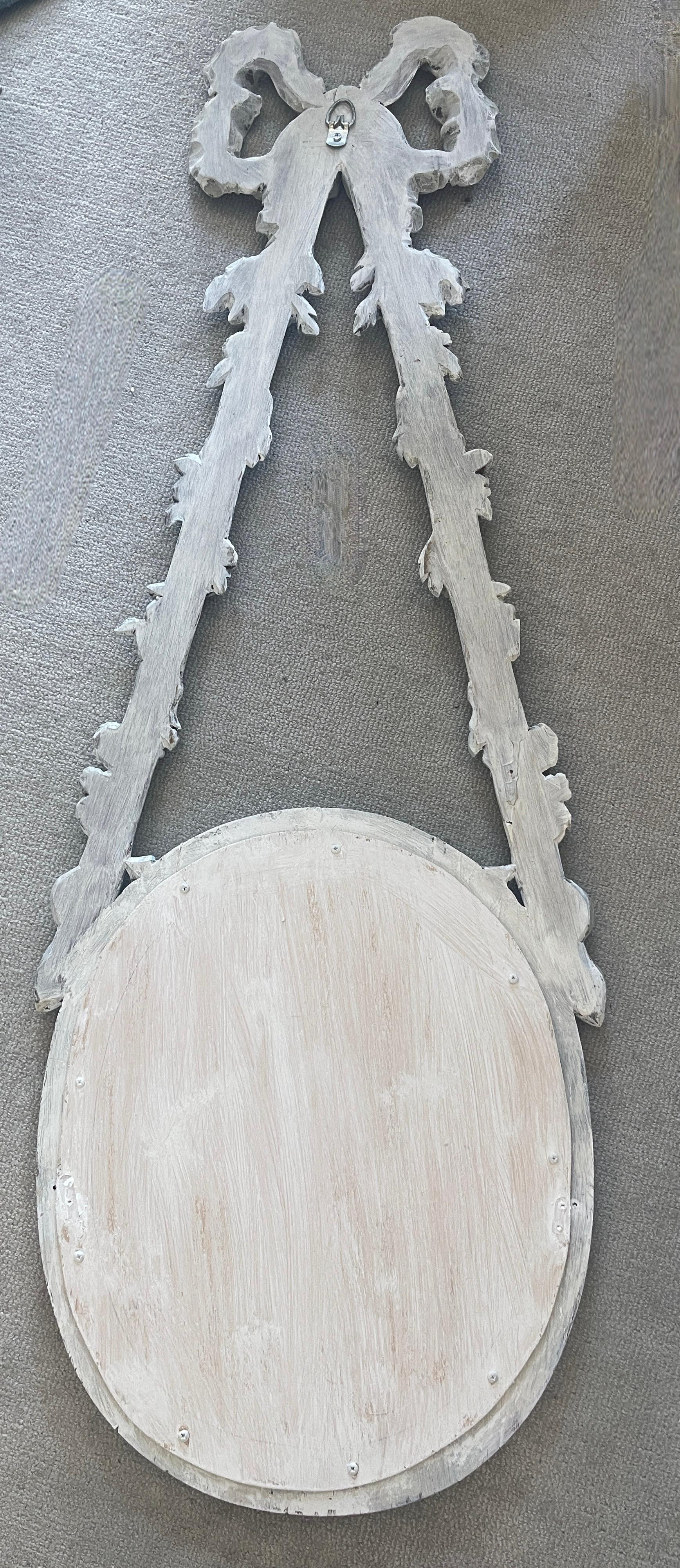 French Antique Carved Wood  Hanging Oval Mirror With French Bow For Sale 12