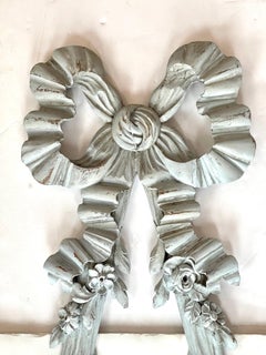 French Antique Carved Wood  Hanging Oval Mirror With French Bow