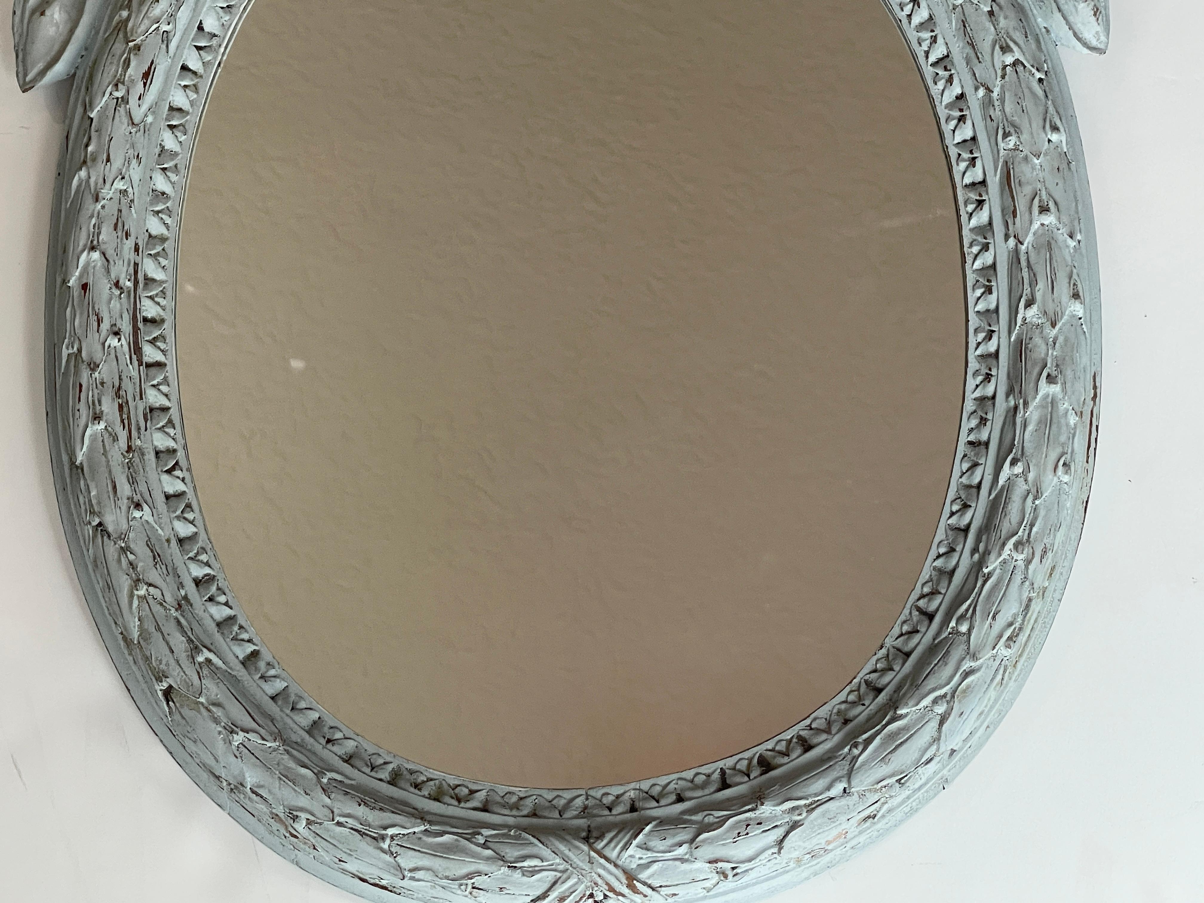 French Antique Carved Wood  Hanging Oval Mirror With French Bow In Good Condition For Sale In West Palm Beach, FL