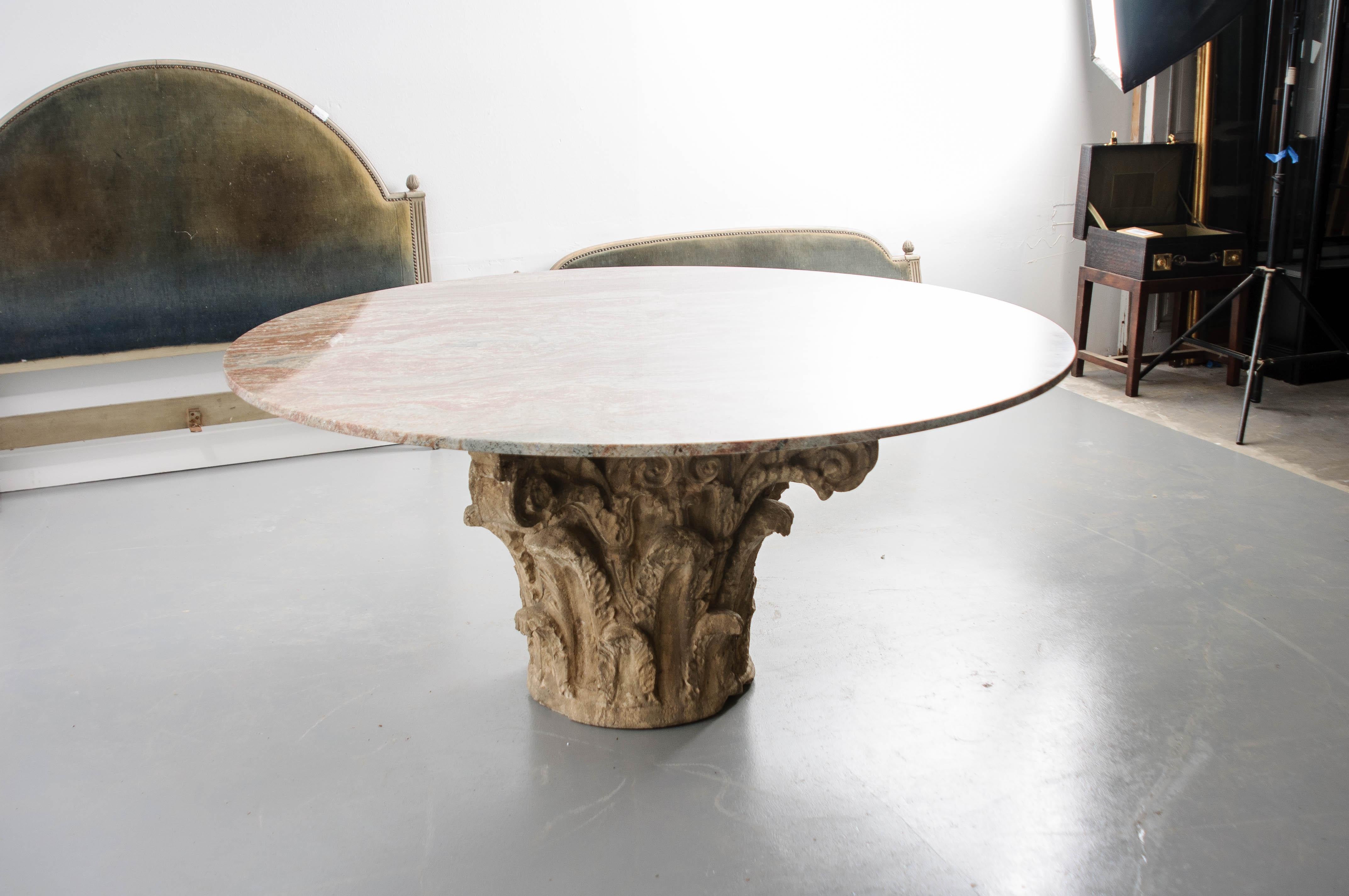 A stunning 19th century French cast concrete base. Its patina is fantastic and the finish has tons of detail. The new, round marble top makes for a low maintenance table.

      