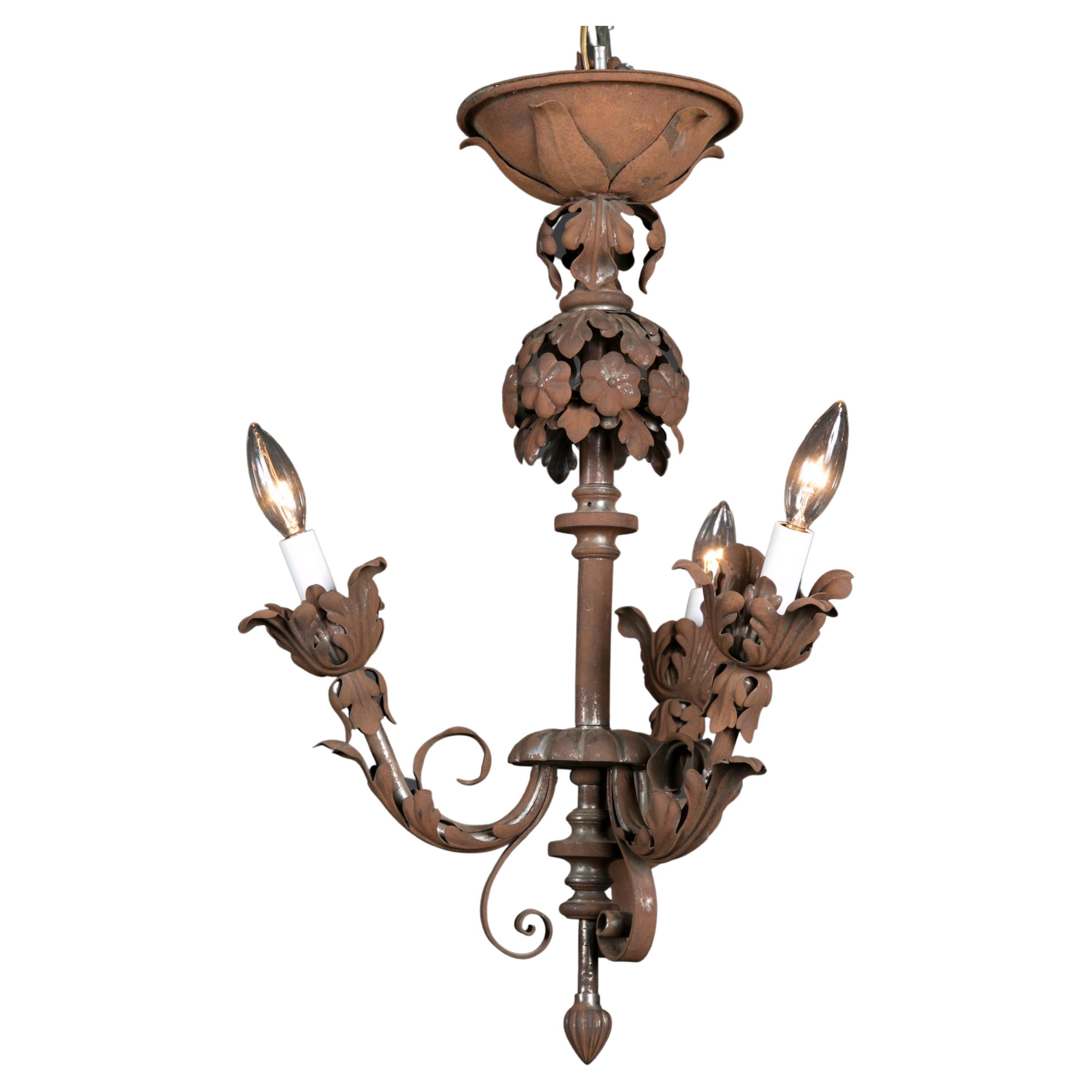 French Antique Cast Iron Foliate Chandelier, 19th Century Electric Hanging Light For Sale