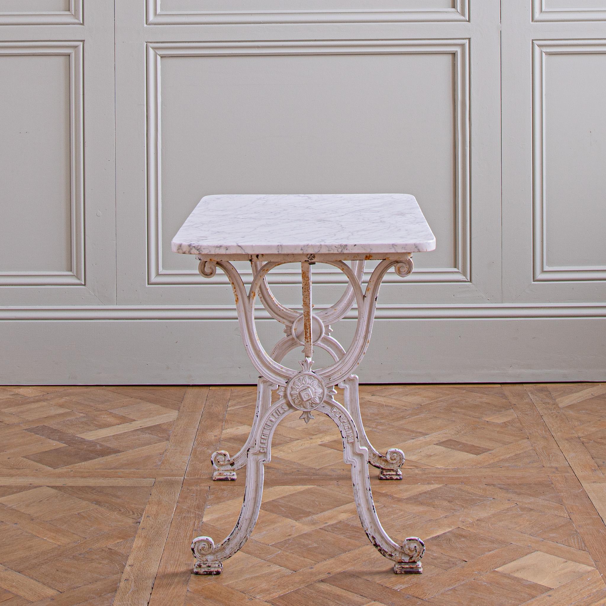 Cast French Antique Iron & Marble Bistro / Garden Table In White By Clermont Fils For Sale