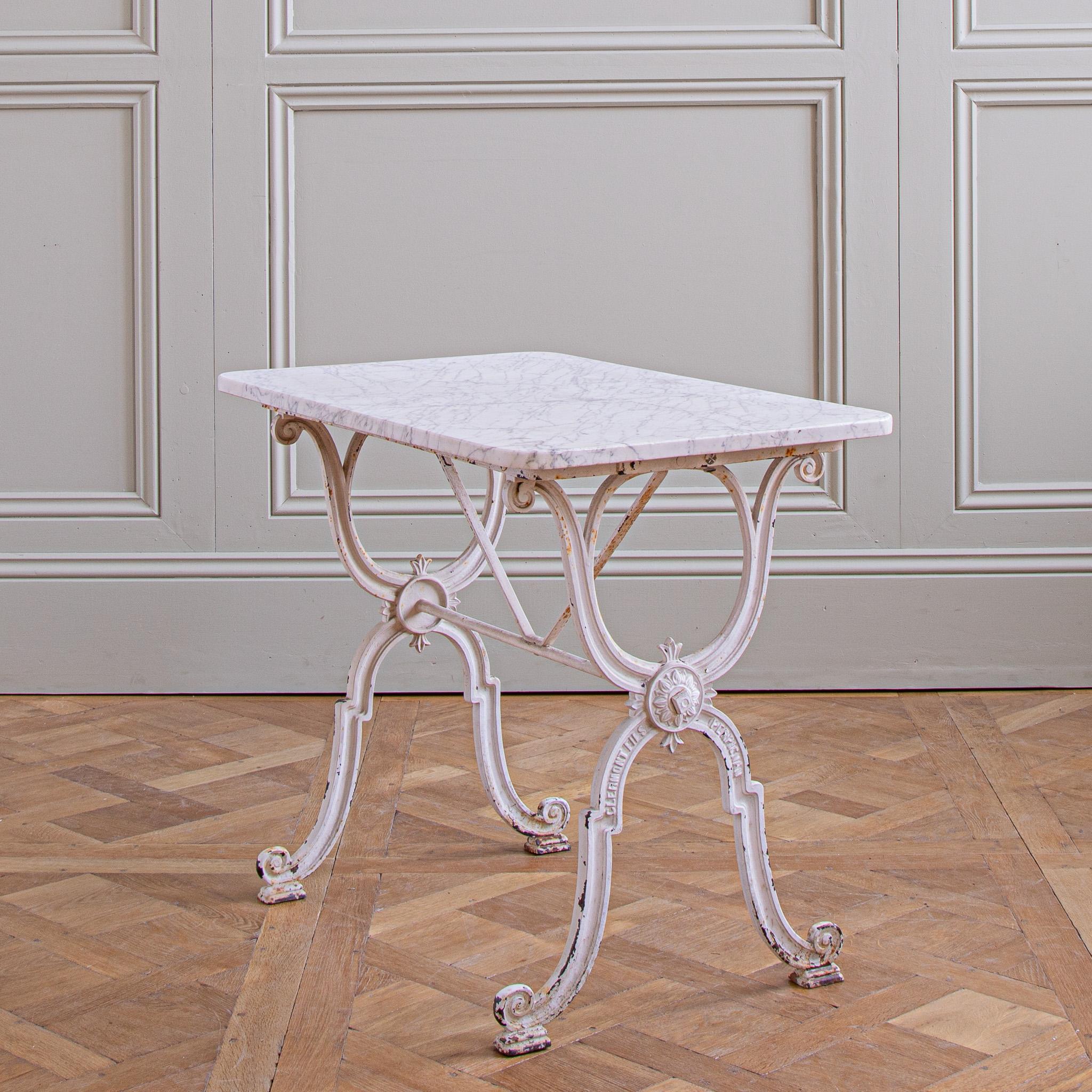 French Antique Iron & Marble Bistro / Garden Table In White By Clermont Fils In Good Condition For Sale In London, Park Royal