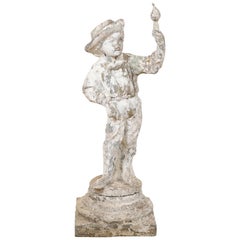French Antique Cast-Stone Garden Sculpture of Boy with Bird, 4+ Ft in Height