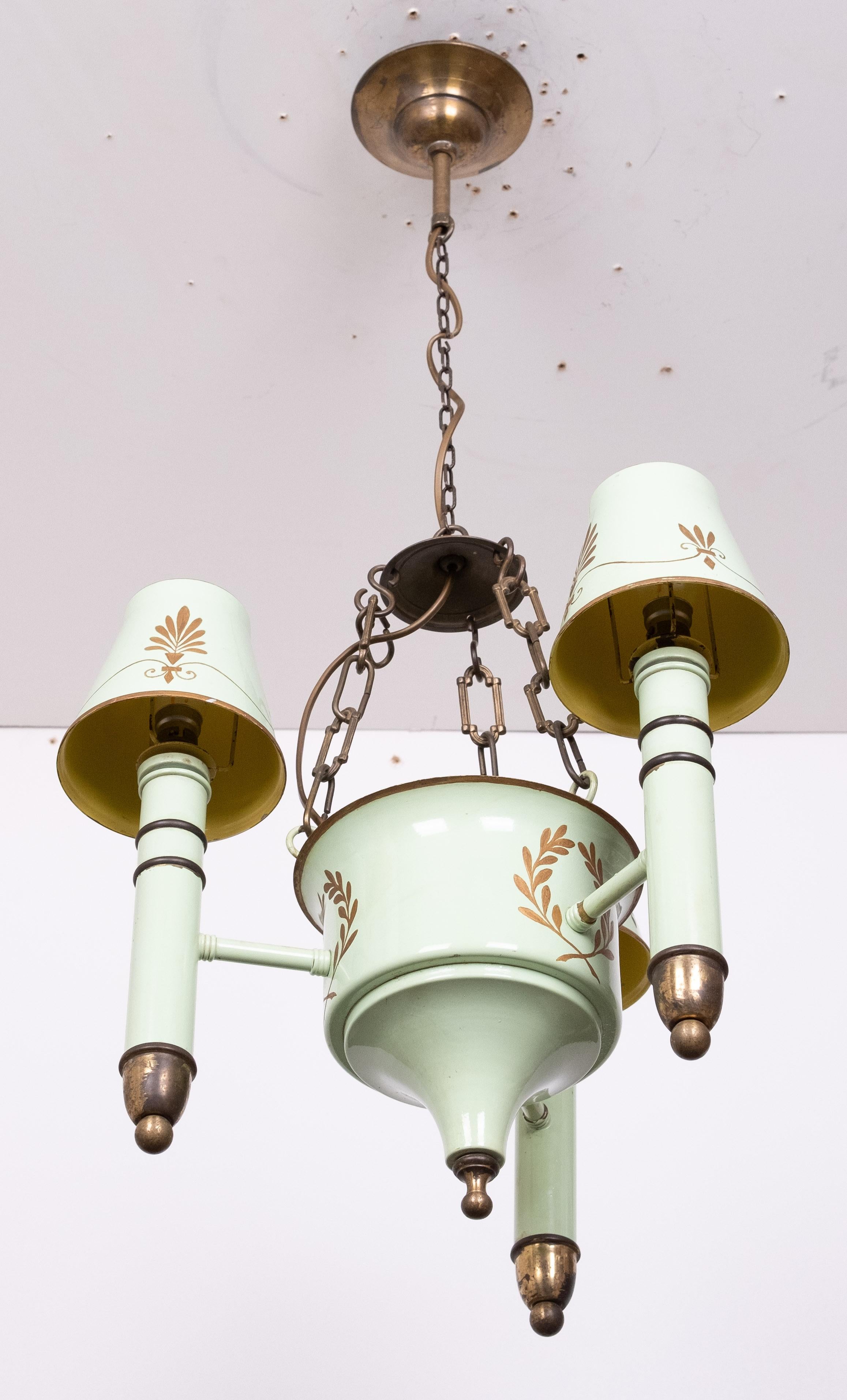 Sheet Metal French antique chandelier quinquet 5 lights painted tole 19th directoire empire For Sale