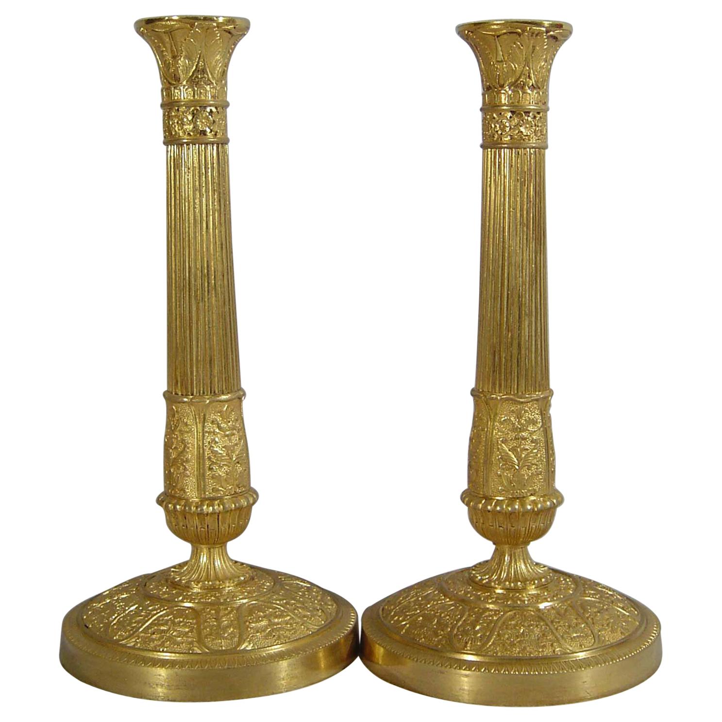 French Antique Charles X Pair of Ormolu Candlesticks