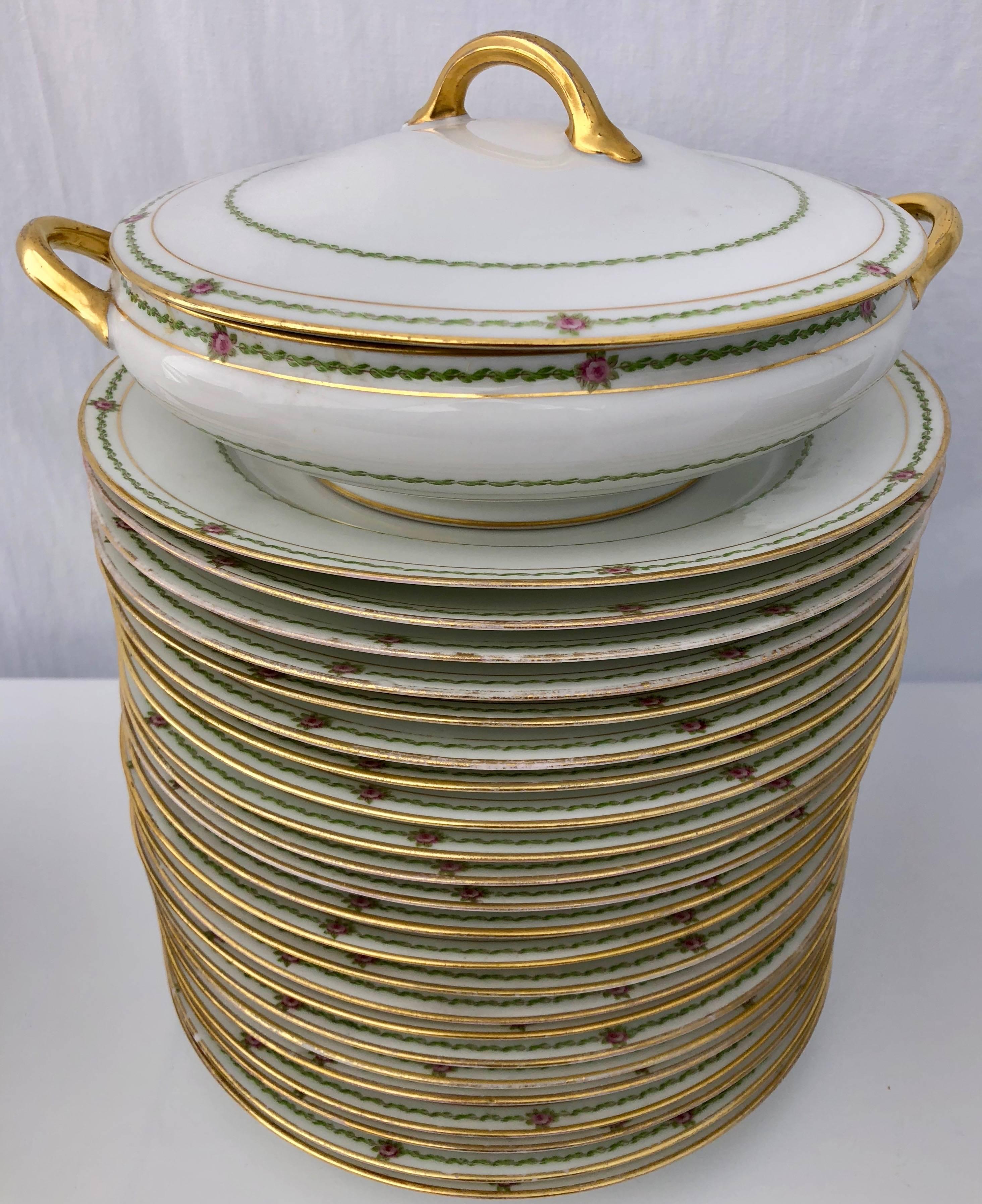 20th Century French Antique China Set 94 Pieces, White with Gold Trim and Roses, Early 1900s For Sale