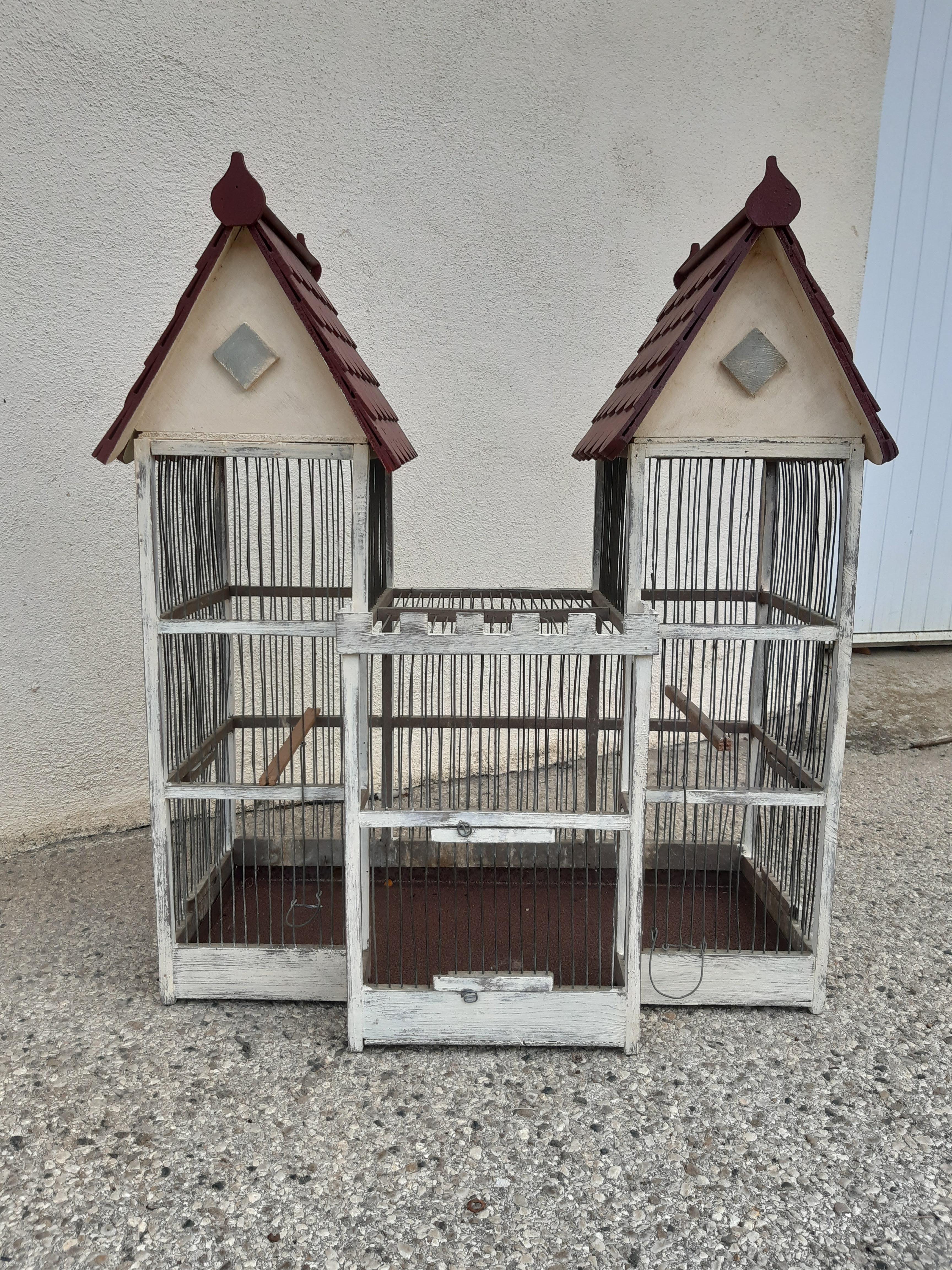 Brutalist French Antique Collectible Birdcage White and Red Colors Patinated Iron Bars For Sale