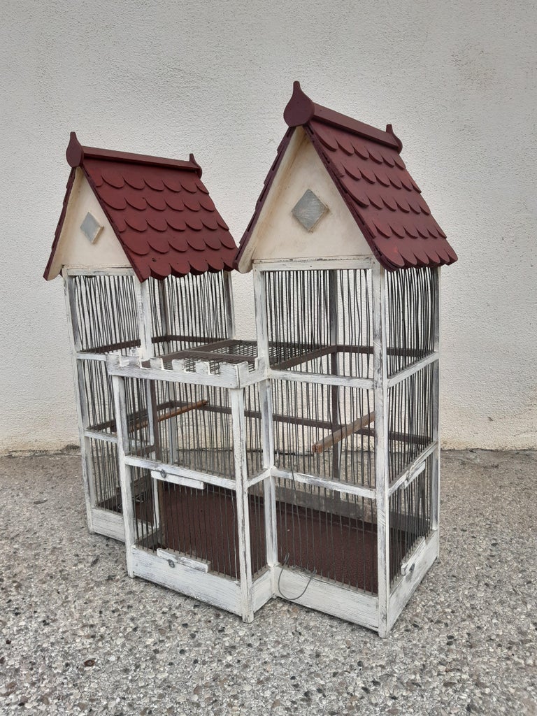 Hand-Painted French Antique Collectible Birdcage White and Red Colors Patinated Iron Bars For Sale