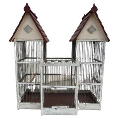French Antique Collectible Birdcage White and Red Colors Patinated Iron Bars