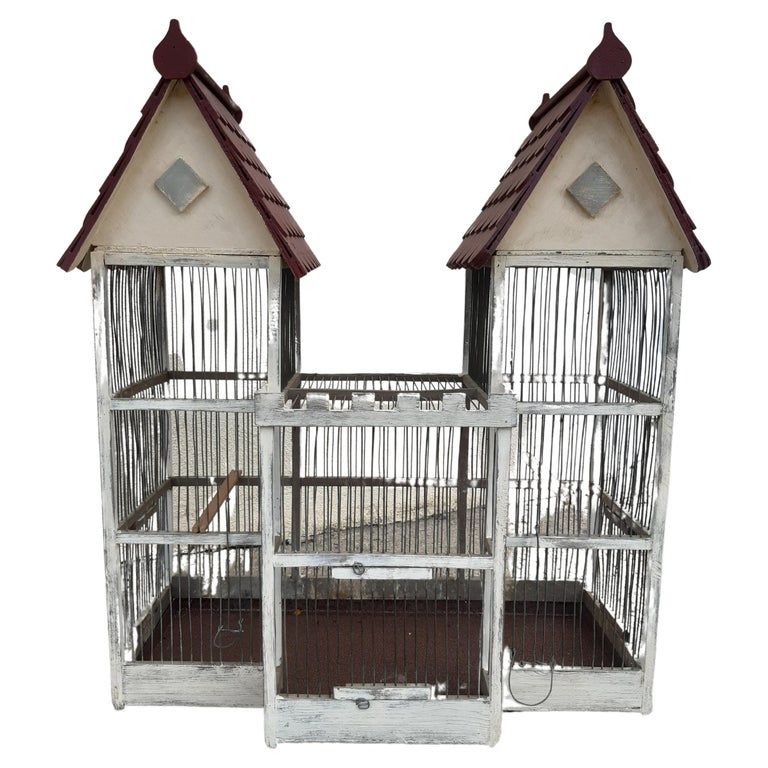 French Antique Collectible Birdcage White and Red Colors Patinated Iron Bars For Sale