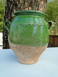 French Antique Confit Green Redware Faience Yellowware Art Pottery Pot France