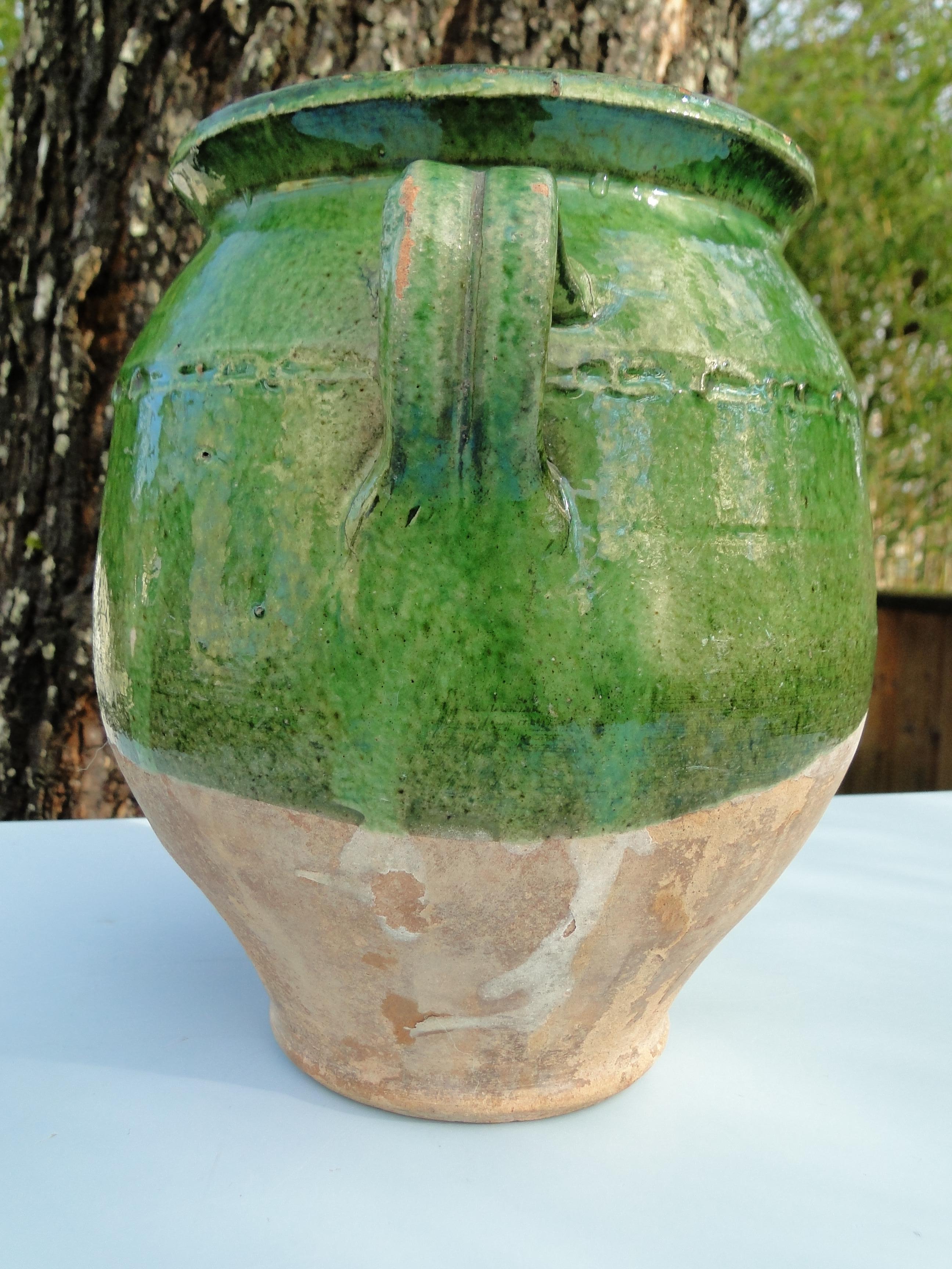  French Antique Confit Green Redware Faience Yellowware Art Pottery Pot France In Good Condition For Sale In Lège Cap Ferret, FR