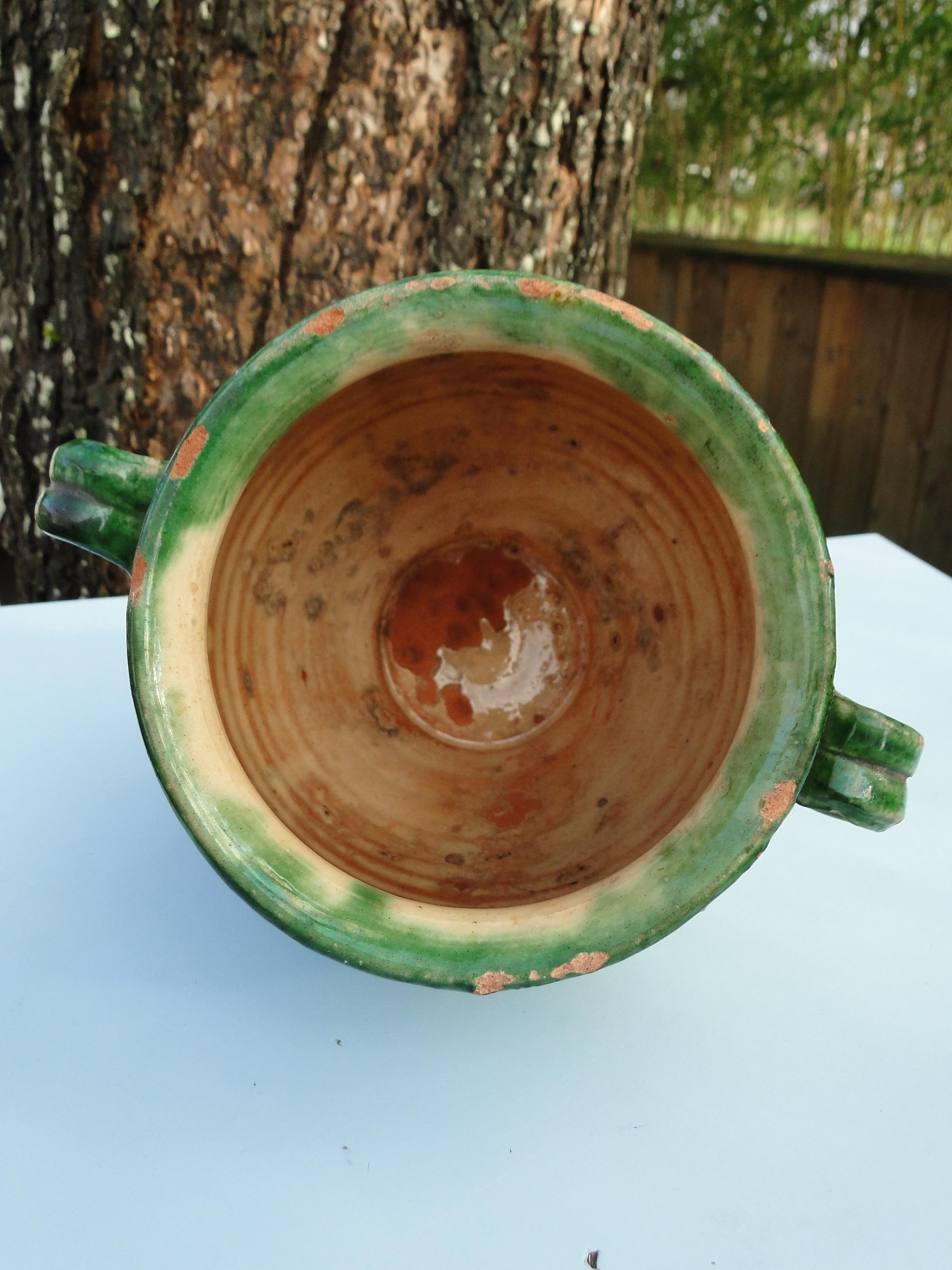 19th Century French Antique Confit Green Redware Faience Yellowware Art Pottery Pot France