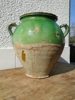 French Antique Confit Pot Green Yellow Redware Yellowware Art Pottery France