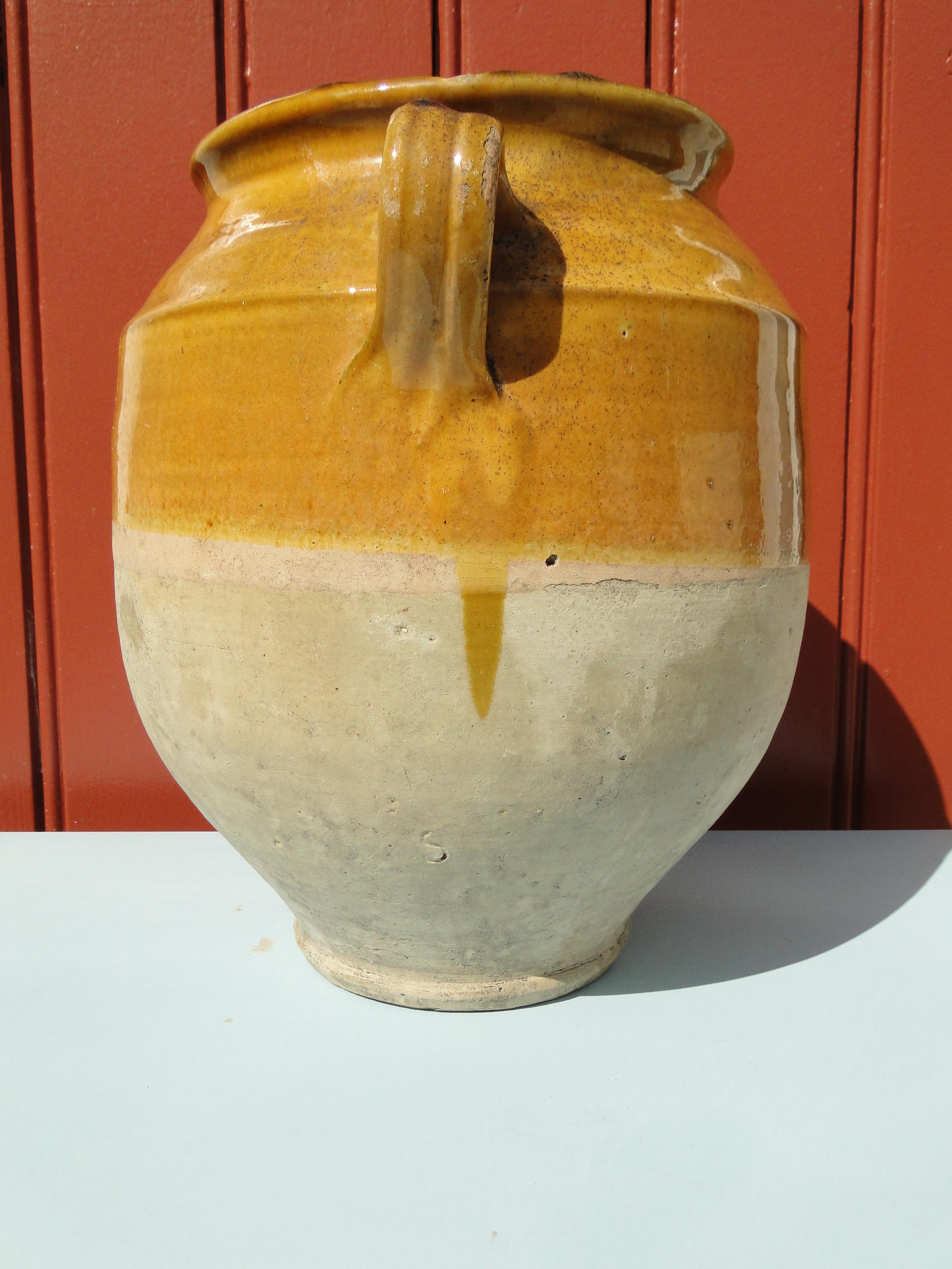 French Antique Confit Yellow Redware Faience Yellowware Art Pottery Pot France In Good Condition For Sale In Lège Cap Ferret, FR