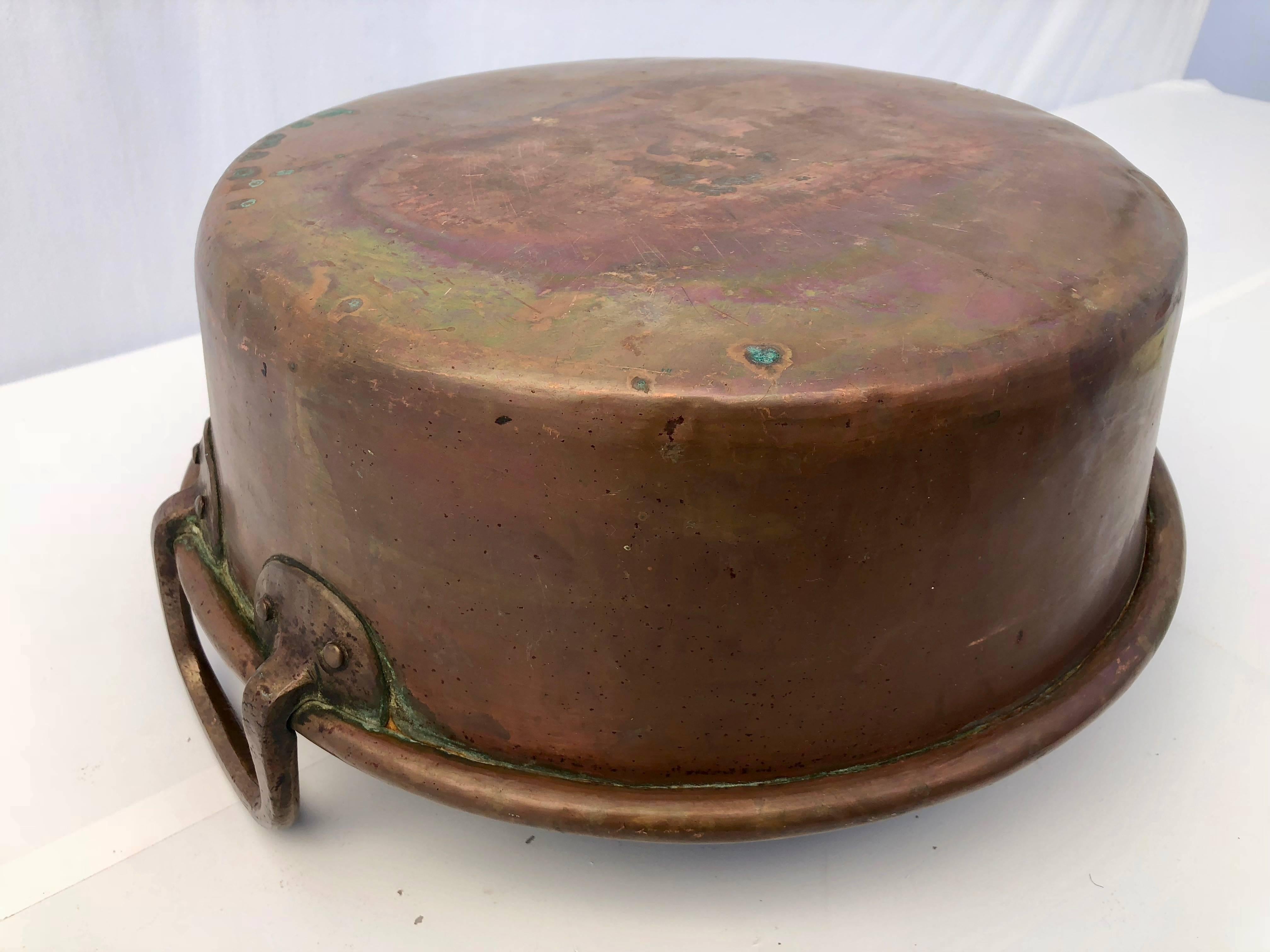 Repoussé French Antique Copper Preserving Pan with Wrought Iron Handles, 1800s For Sale