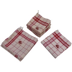 French Vintage Cotton and Linen Kitchen Towels, Embroidered "MR" 'Set of 11'