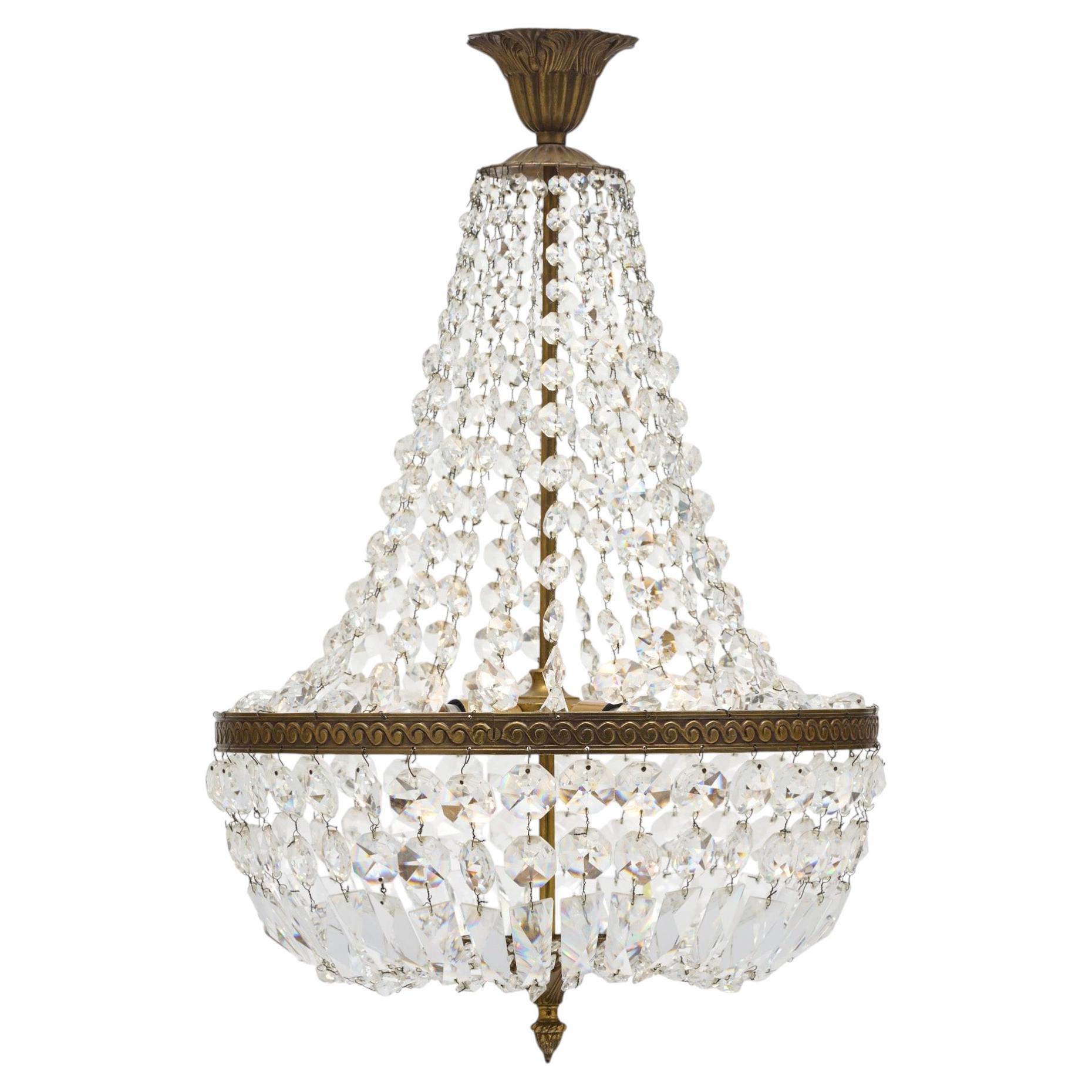 French Antique Crystal and Brass Pendant, Circa 1930