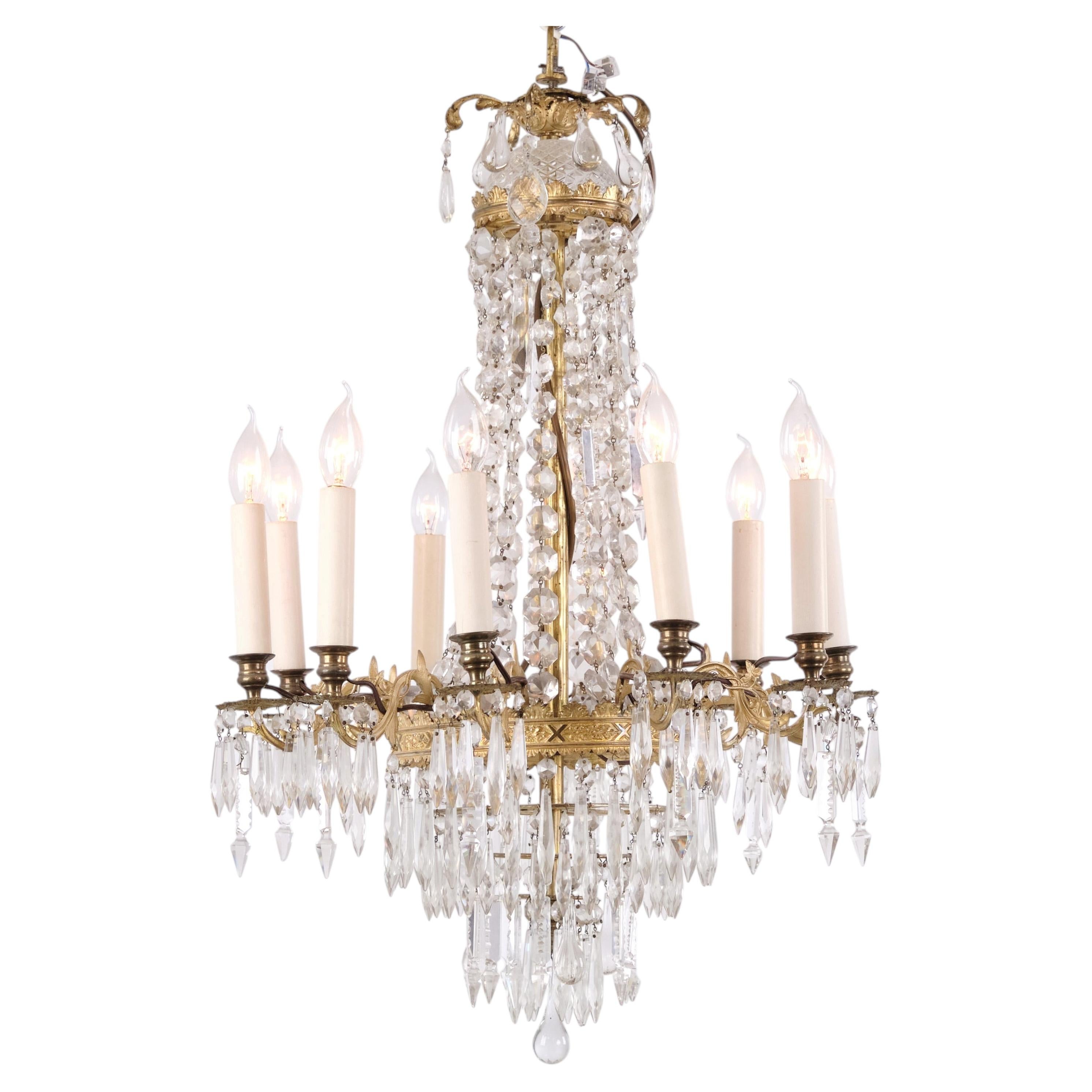 French Antique Crystal Chandelier in Gilt Bronze with 10 Lights from 1890