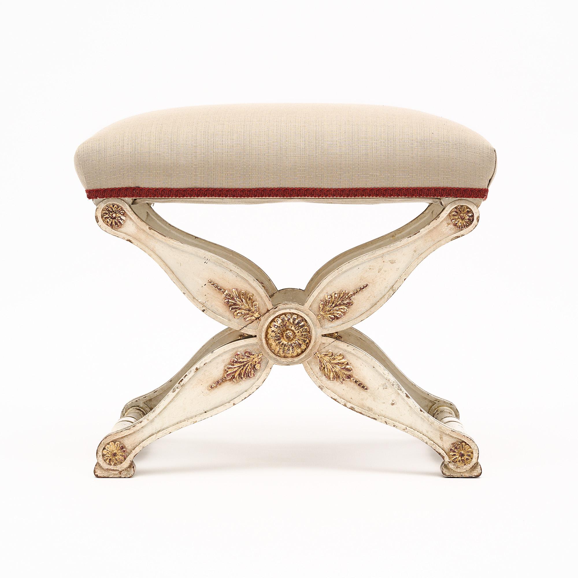 Linen French Antique Curule Stool For Sale