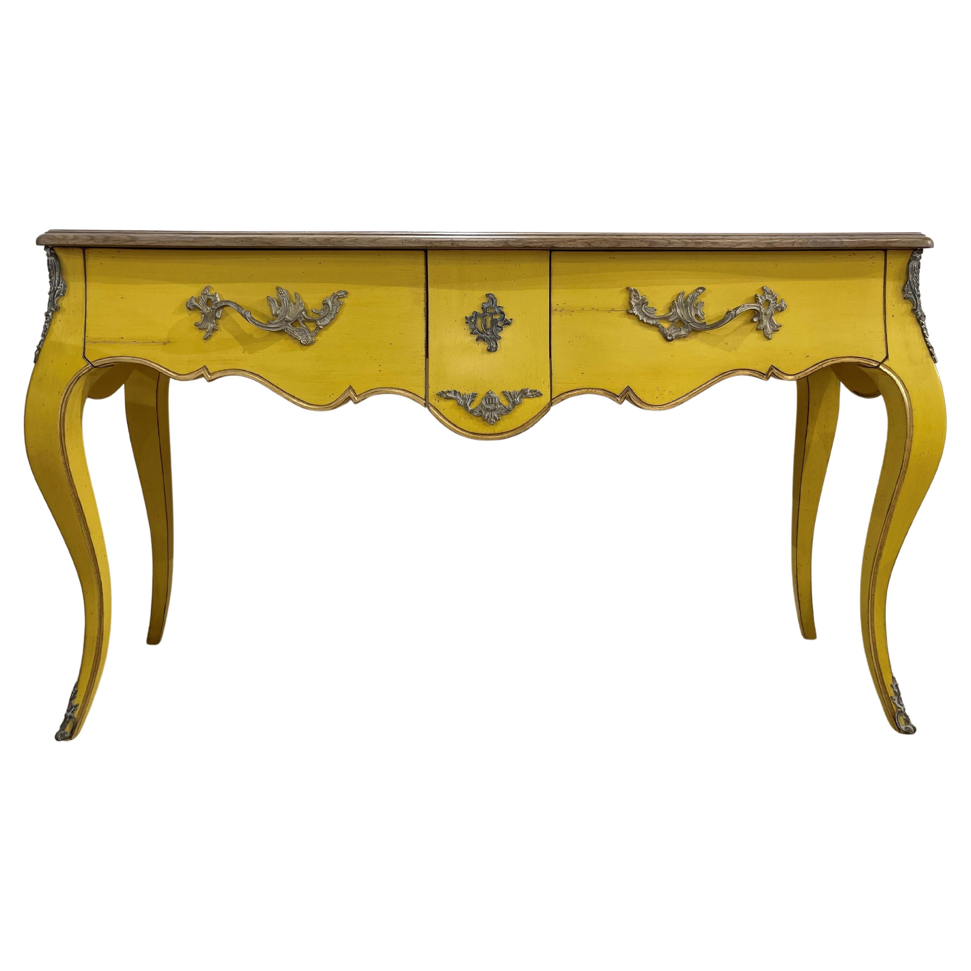 French Antique Design and Louis XV Style Wooden and Brass Console Table For Sale